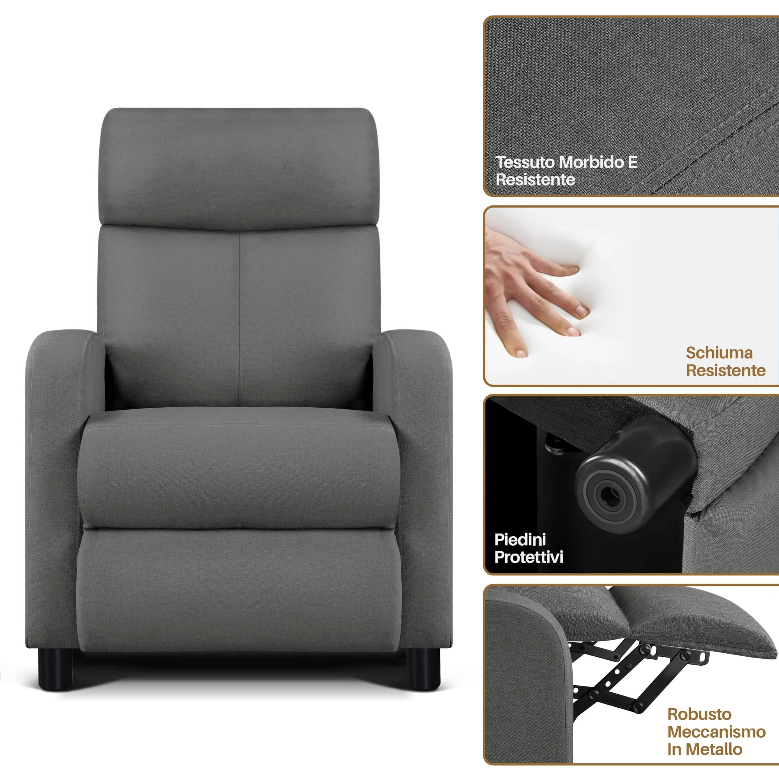 Yaheetech Poltrona Relax Reclinabile con Poggiapiedi, Grigio - immagine 4