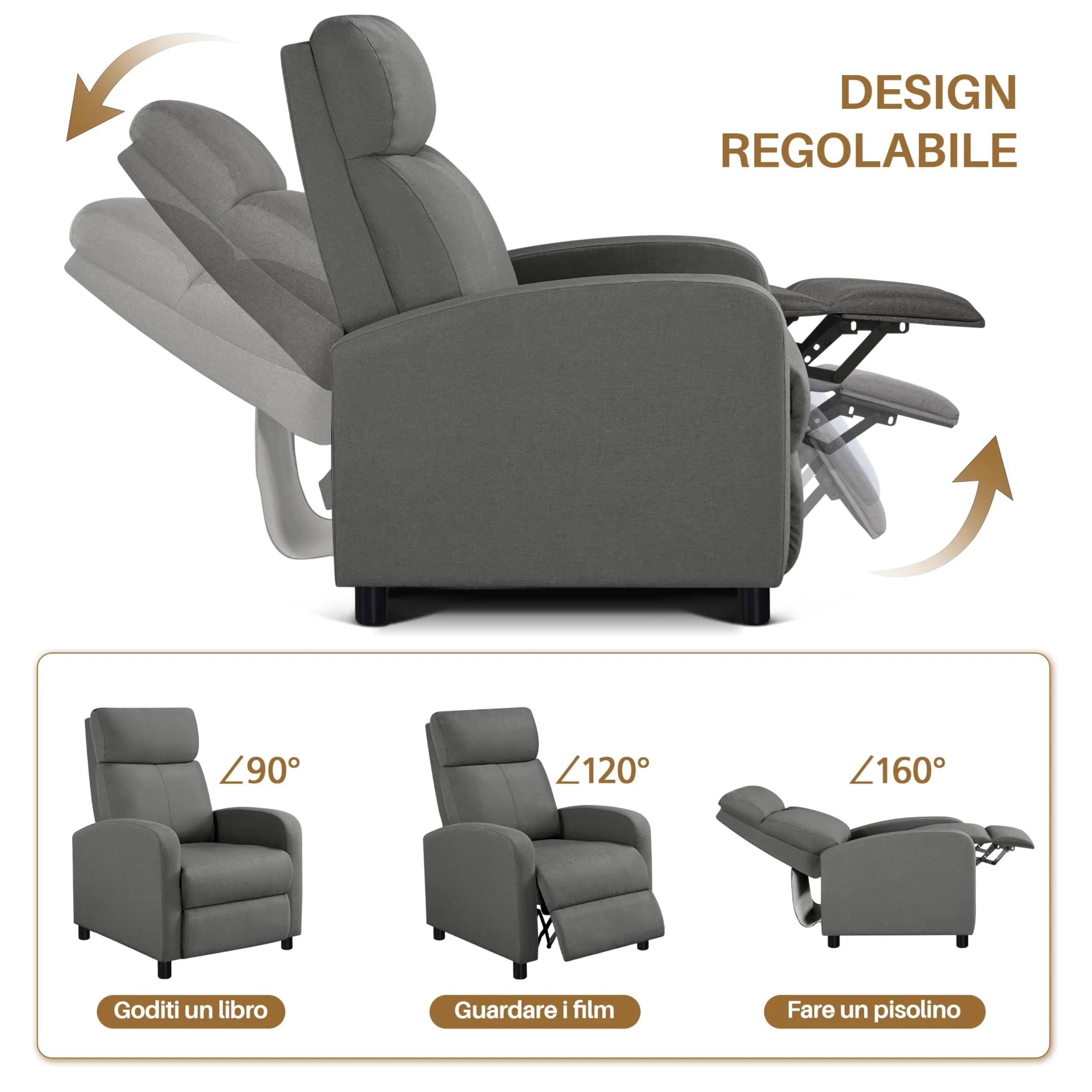 Yaheetech Poltrona Relax Reclinabile con Poggiapiedi, Grigio - immagine 5
