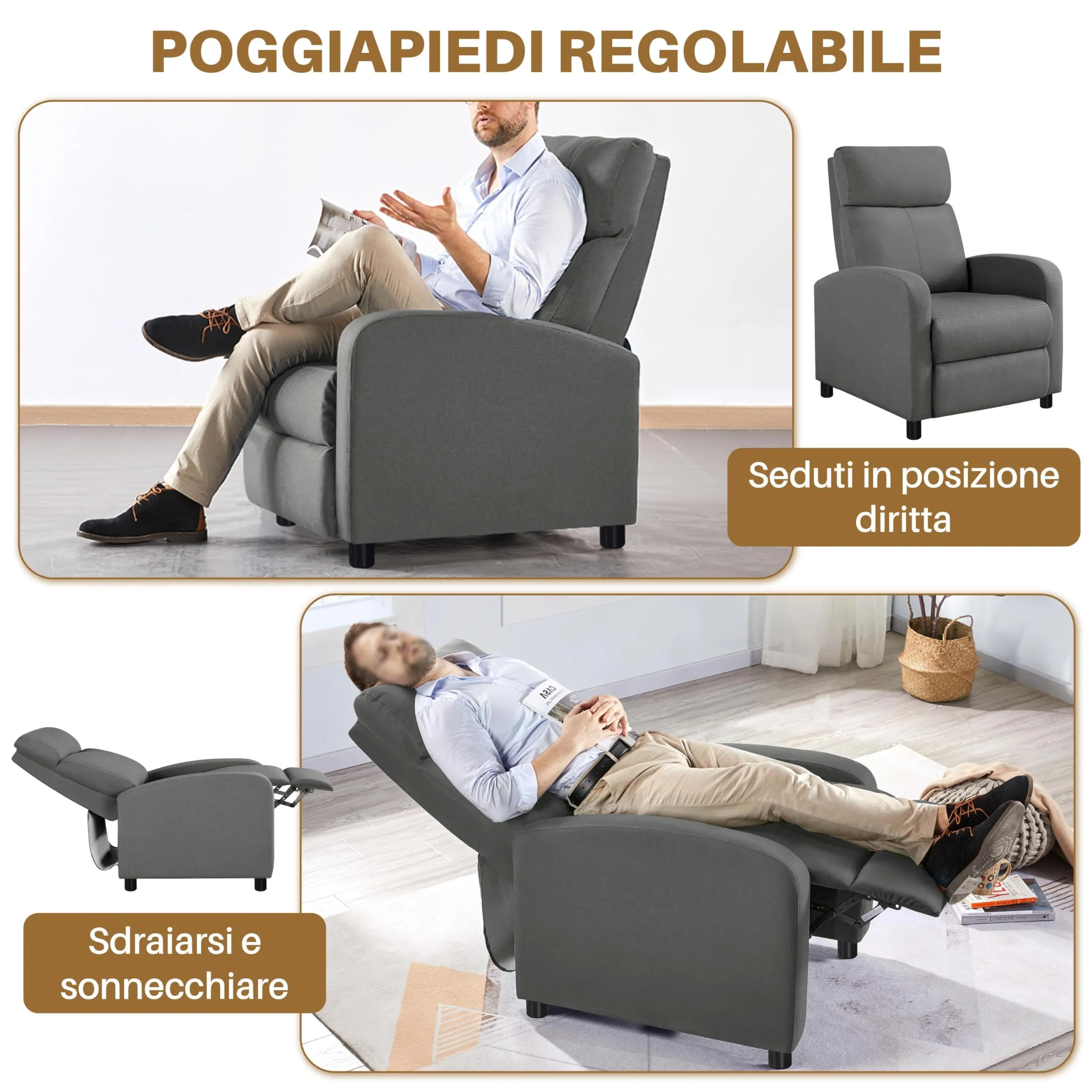Yaheetech Poltrona Relax Reclinabile con Poggiapiedi, Grigio - immagine 6