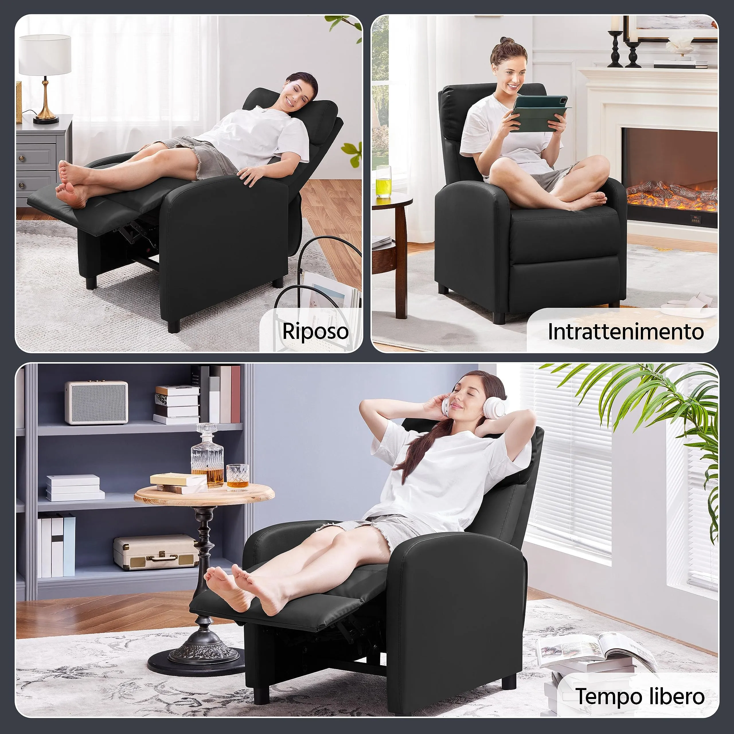 Yaheetech Poltrona Relax Reclinabile con Poggiapiedi, Nero - immagine 2