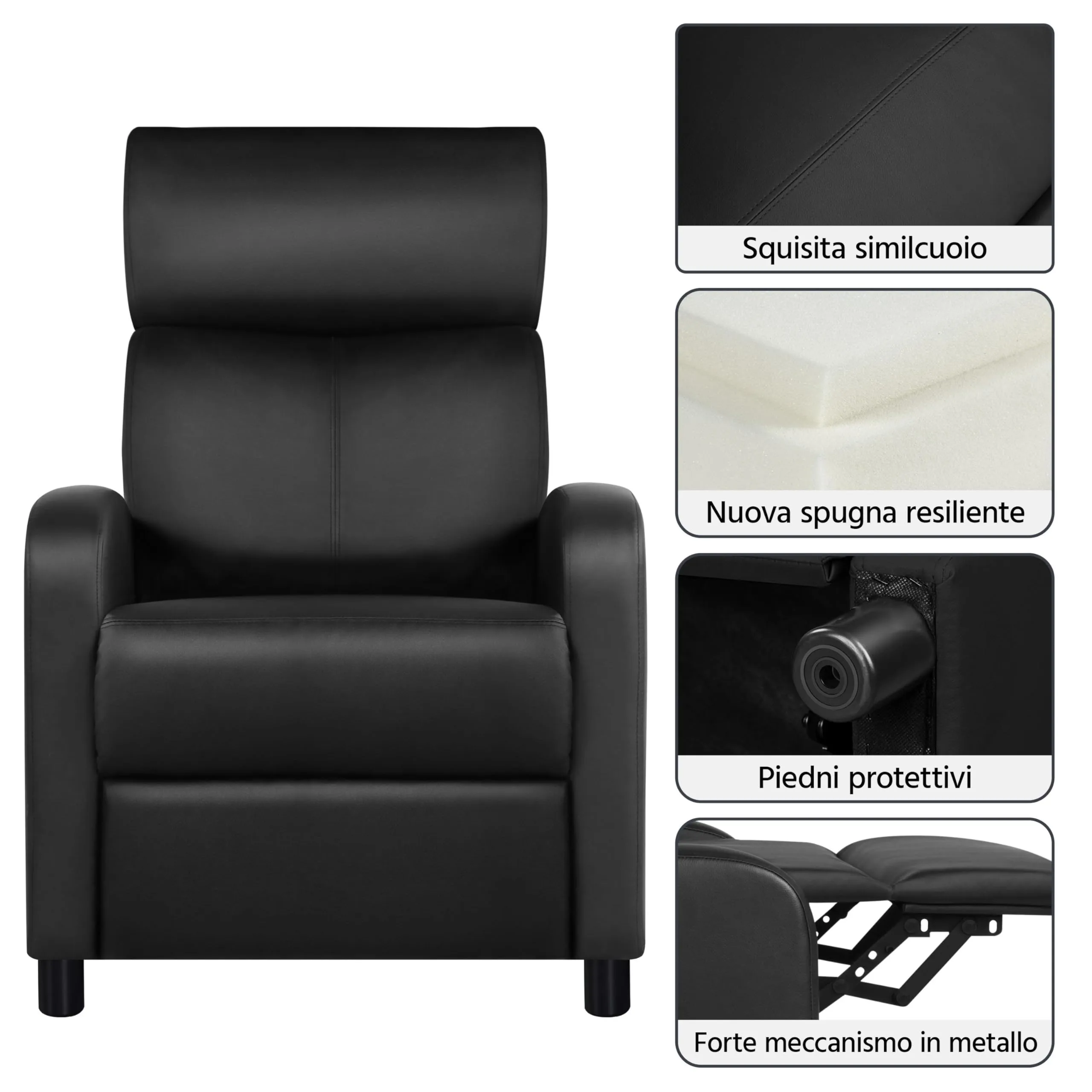 Yaheetech Poltrona Relax Reclinabile con Poggiapiedi, Nero - immagine 4