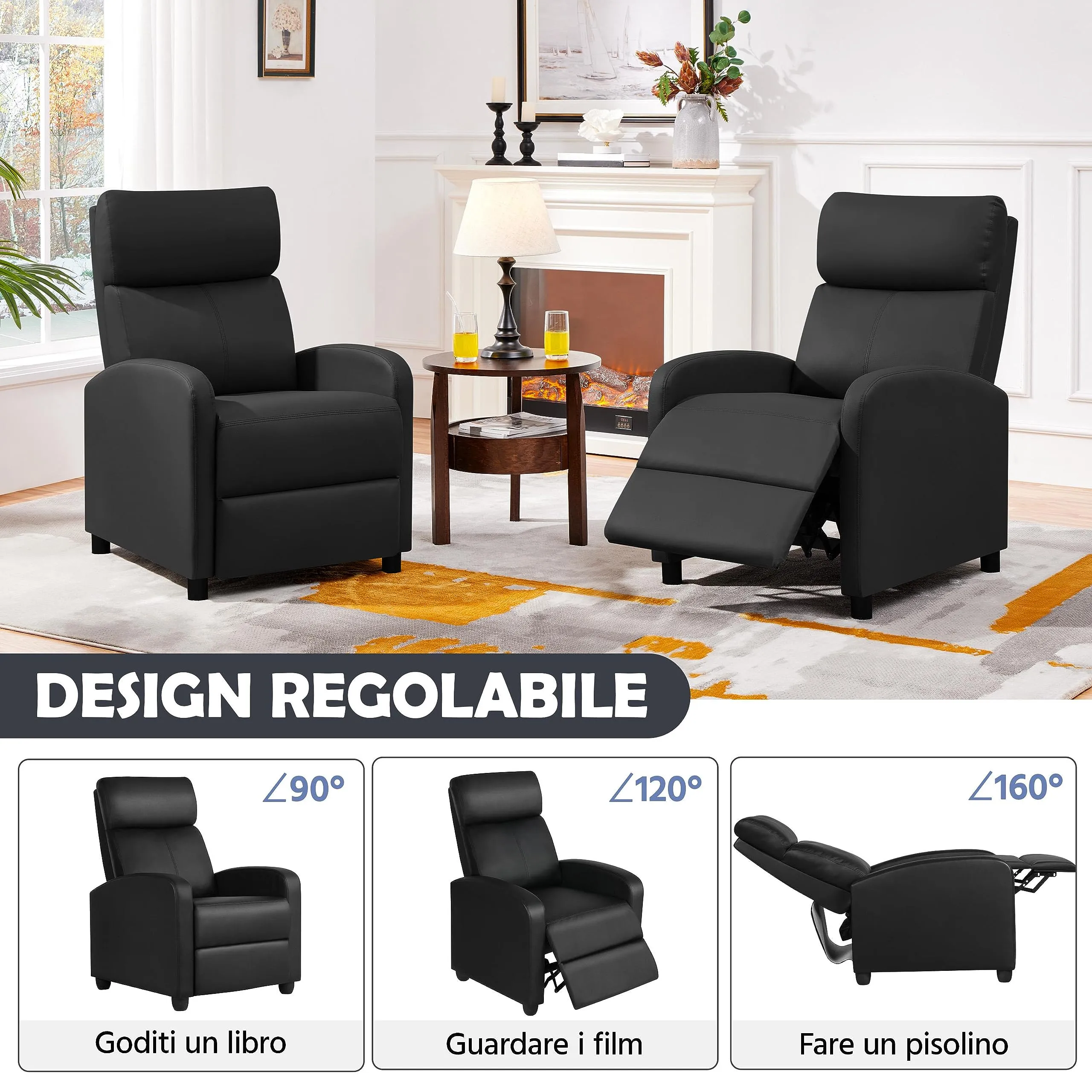 Yaheetech Poltrona Relax Reclinabile con Poggiapiedi, Nero - immagine 5