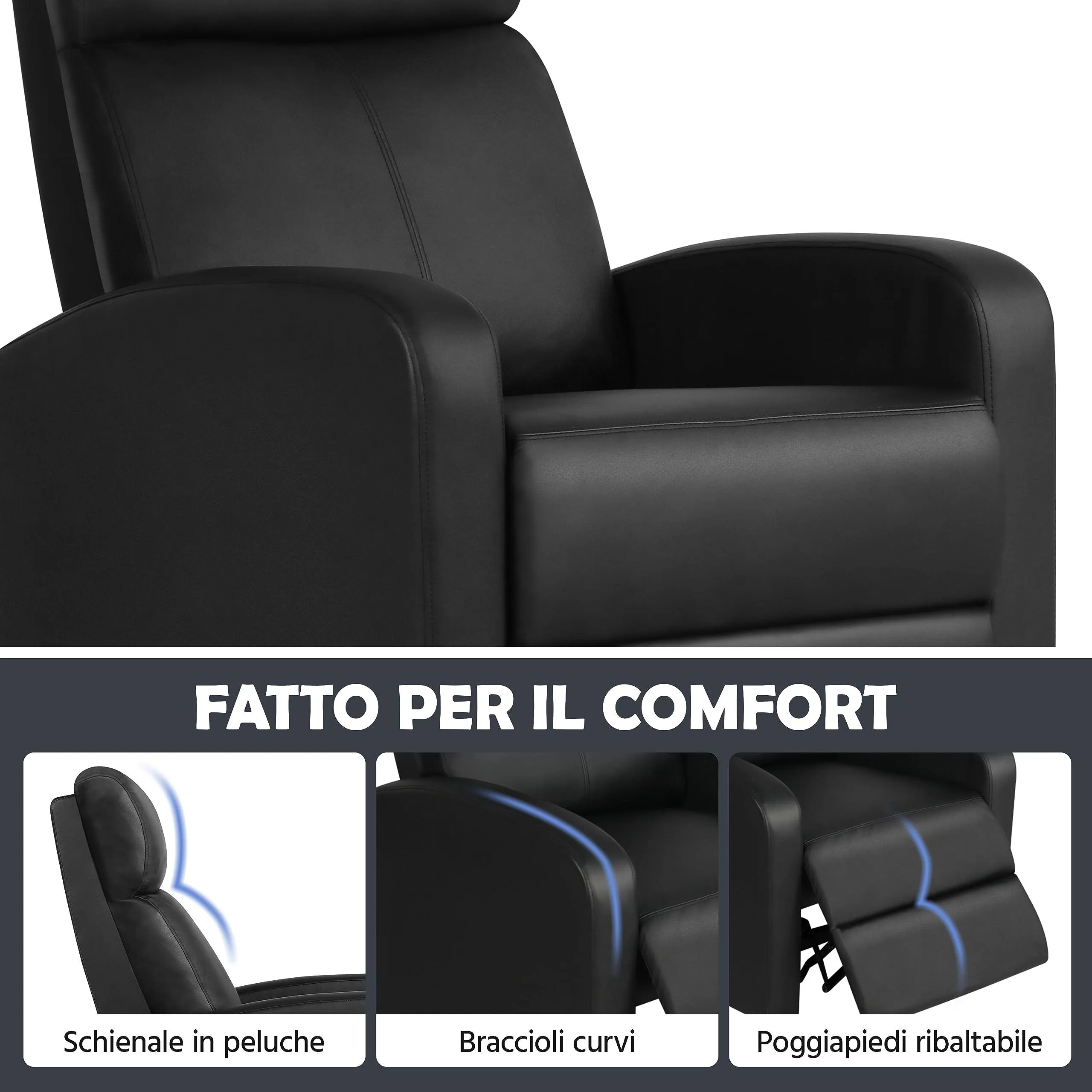 Yaheetech Poltrona Relax Reclinabile con Poggiapiedi, Nero - immagine 8