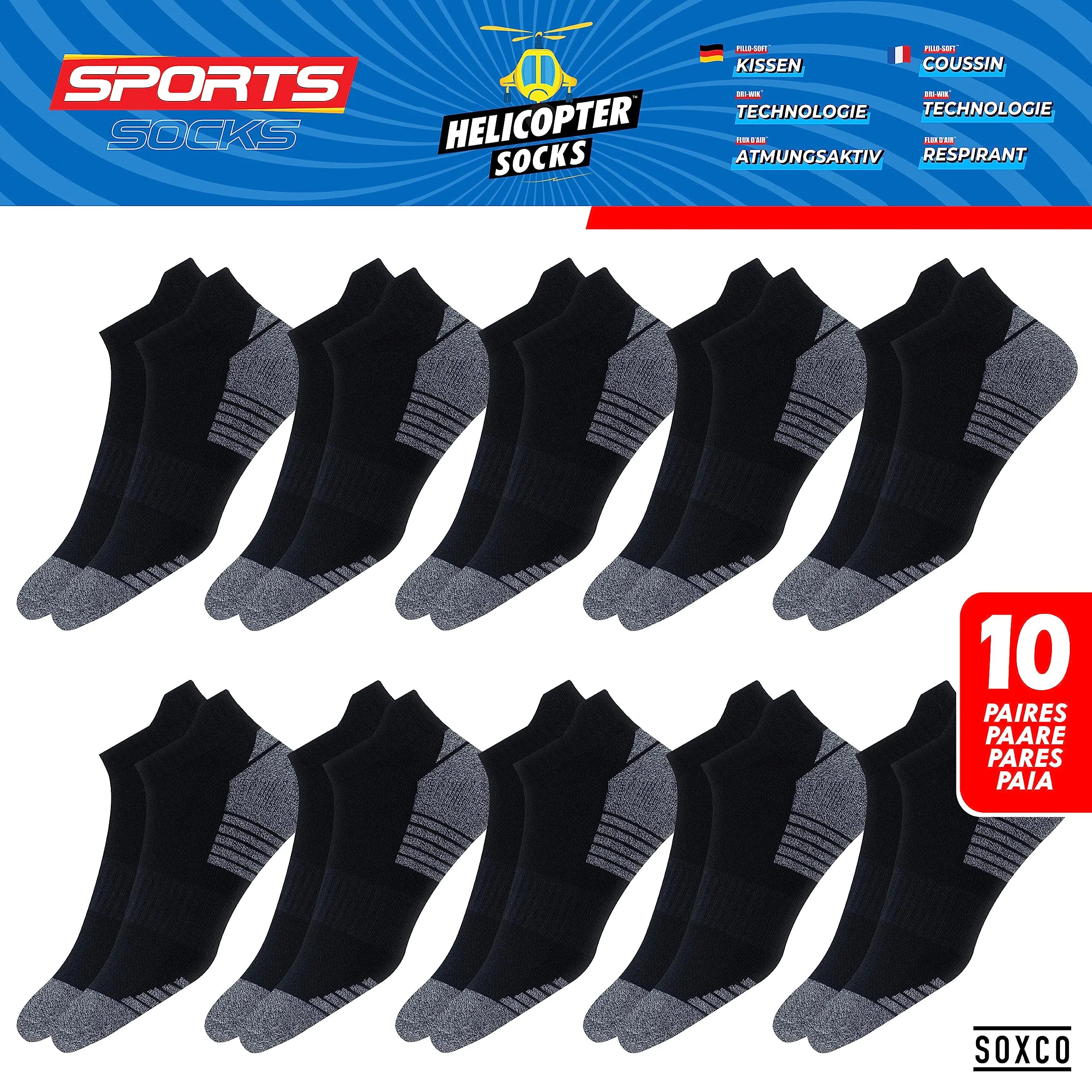 SOXCO Calzini Corti in Spugna Sportivi per Uomo e Donna, 10 Paia, Nero S, EU 43-46 - immagine 3
