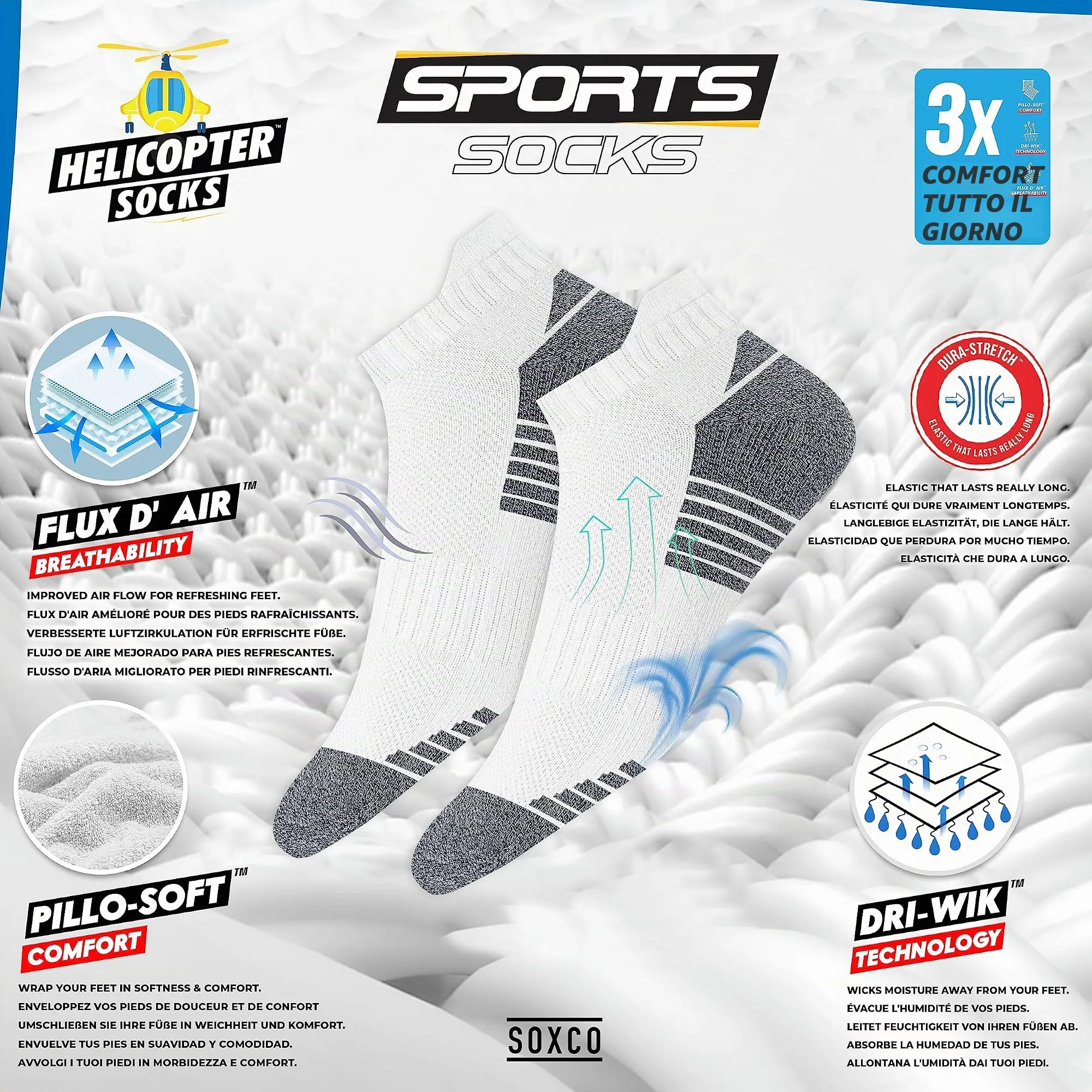 SOXCO Calzini Corti Sportivi in Spugna, 10 Paia, Bianco S, EU 47-50 - immagine 2