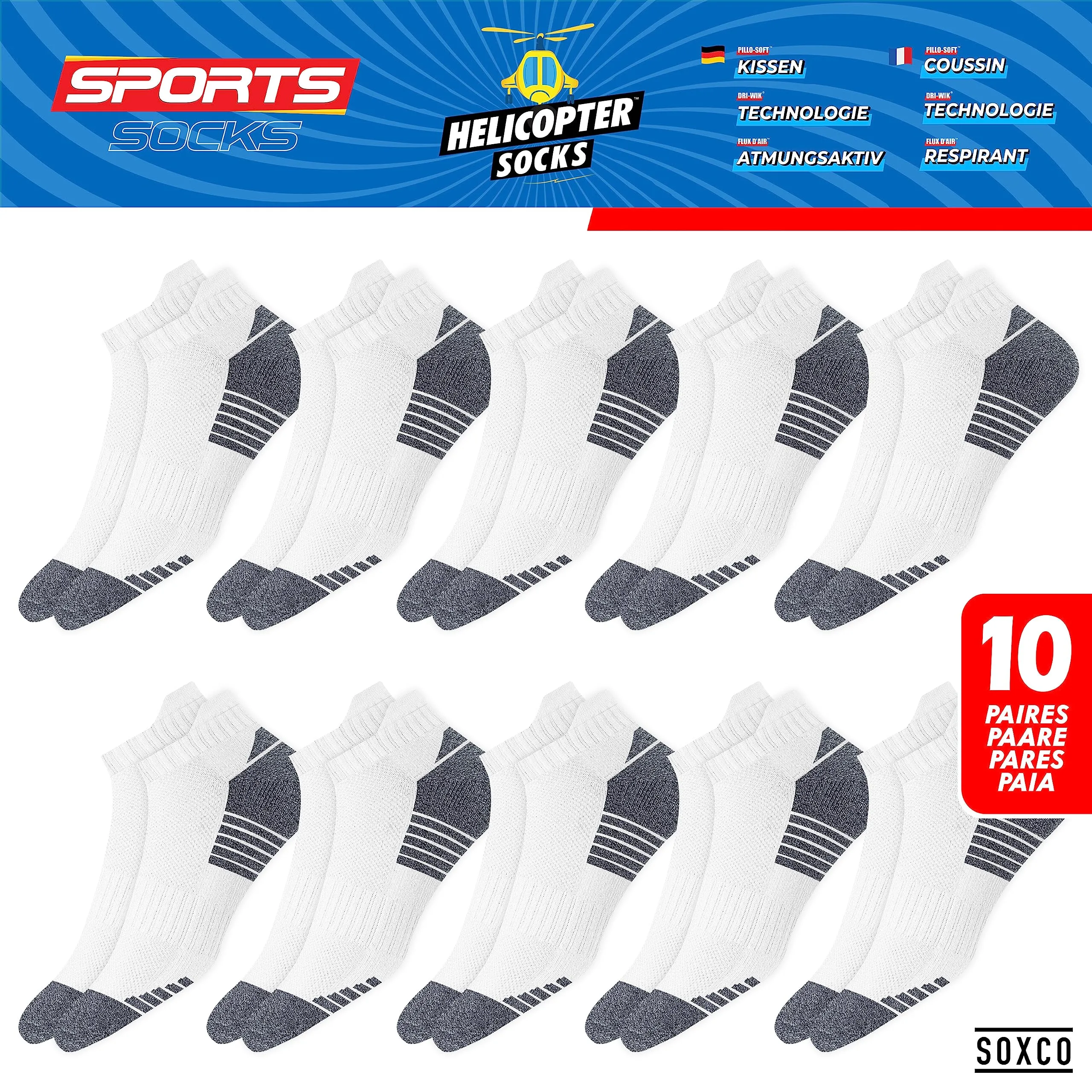 SOXCO Calzini Corti Sportivi in Spugna, 10 Paia, Bianco S, EU 47-50 - immagine 3