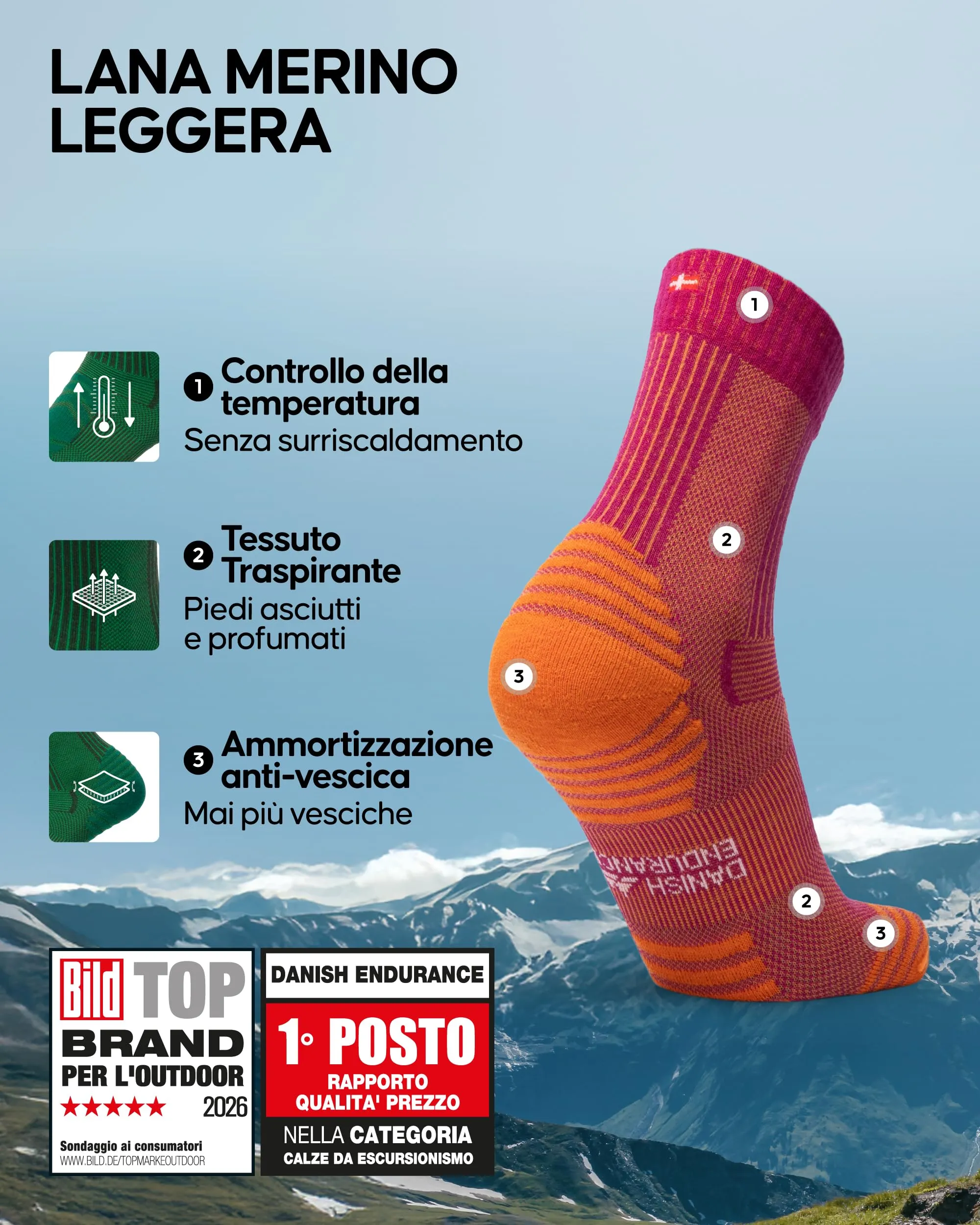 Danish Endurance Calze Trekking Leggere, 3 Paia, Multicolore, 39-42 - immagine 2