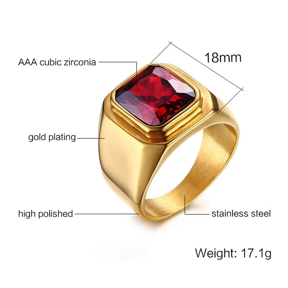 HIJONES Anello da Uomo in Acciaio Inossidabile Placcato Oro Nero con Zirconi Quadrati Rossi Vintage, Misura 22 - immagine 2