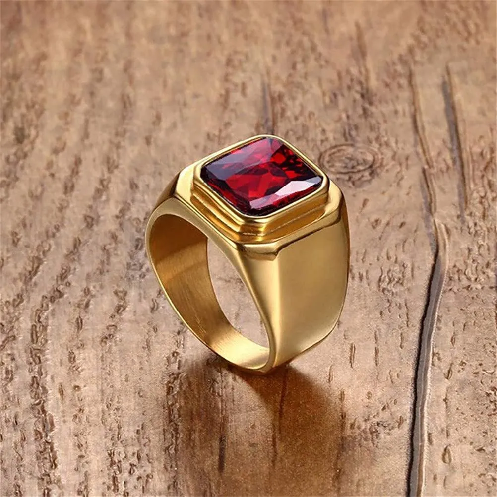 HIJONES Anello da Uomo in Acciaio Inossidabile Placcato Oro Nero con Zirconi Quadrati Rossi Vintage, Misura 22 - immagine 4