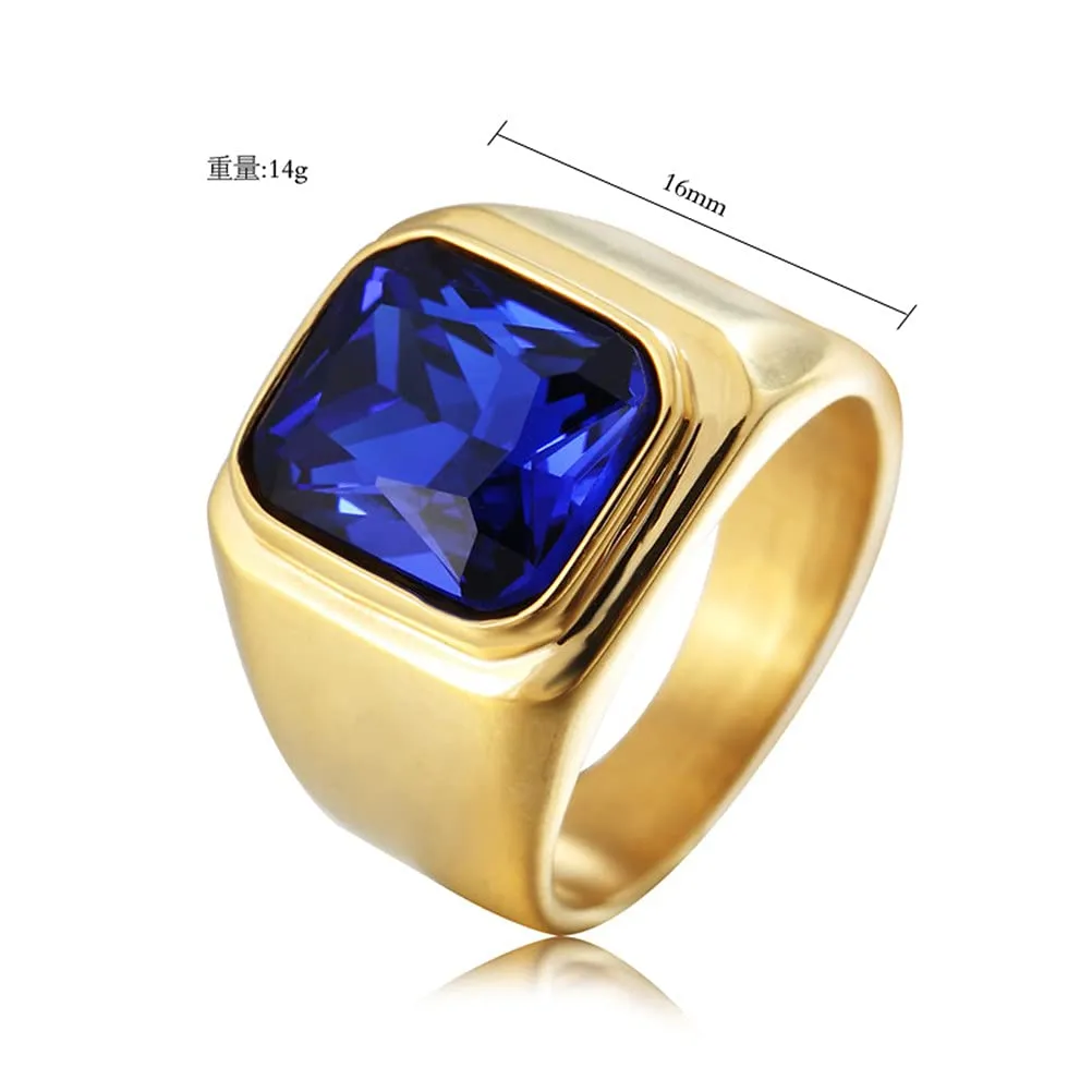 HIJONES Anello da Uomo in Acciaio Inossidabile Placcato Oro Nero con Zirconi Quadrati Blu Navy Vintage Misura 19 - immagine 2