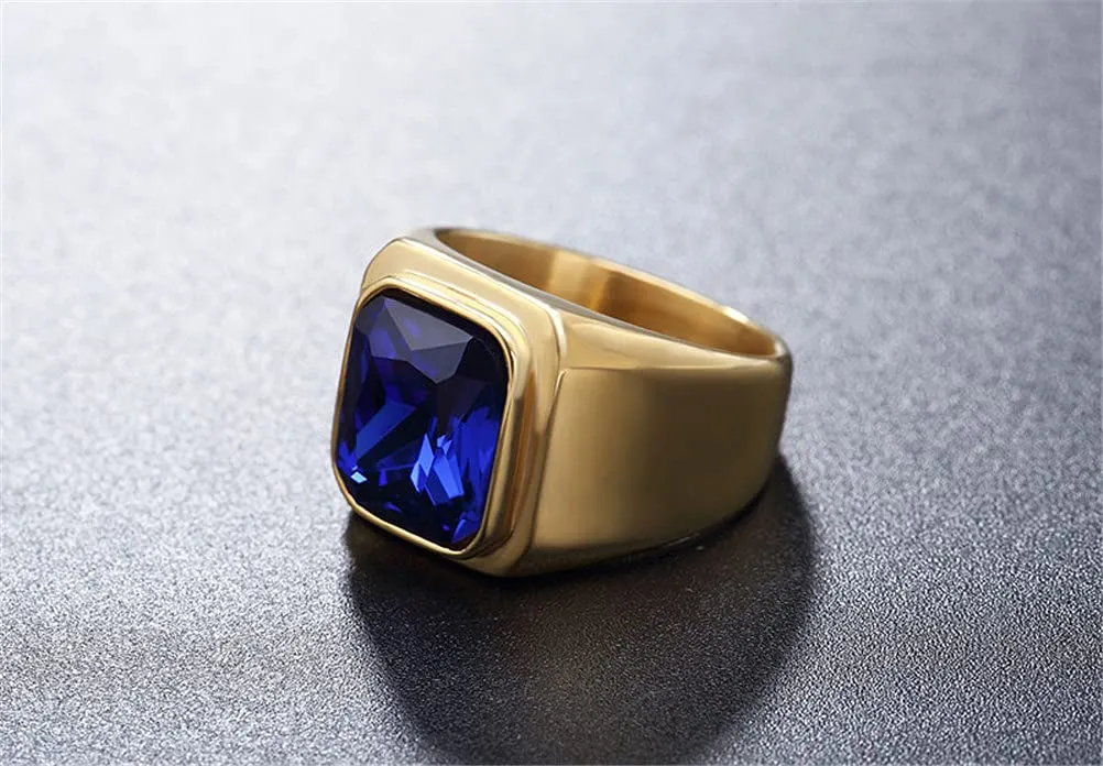HIJONES Anello da Uomo in Acciaio Inossidabile Placcato Oro Nero con Zirconi Quadrati Blu Navy Vintage Misura 19 - immagine 3