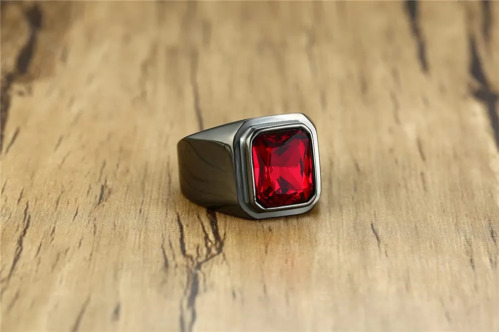 HIJONES Anello da Uomo in Acciaio Inossidabile Nero con Zirconi Quadrati Rossi Vintage Misura 14 - immagine 3
