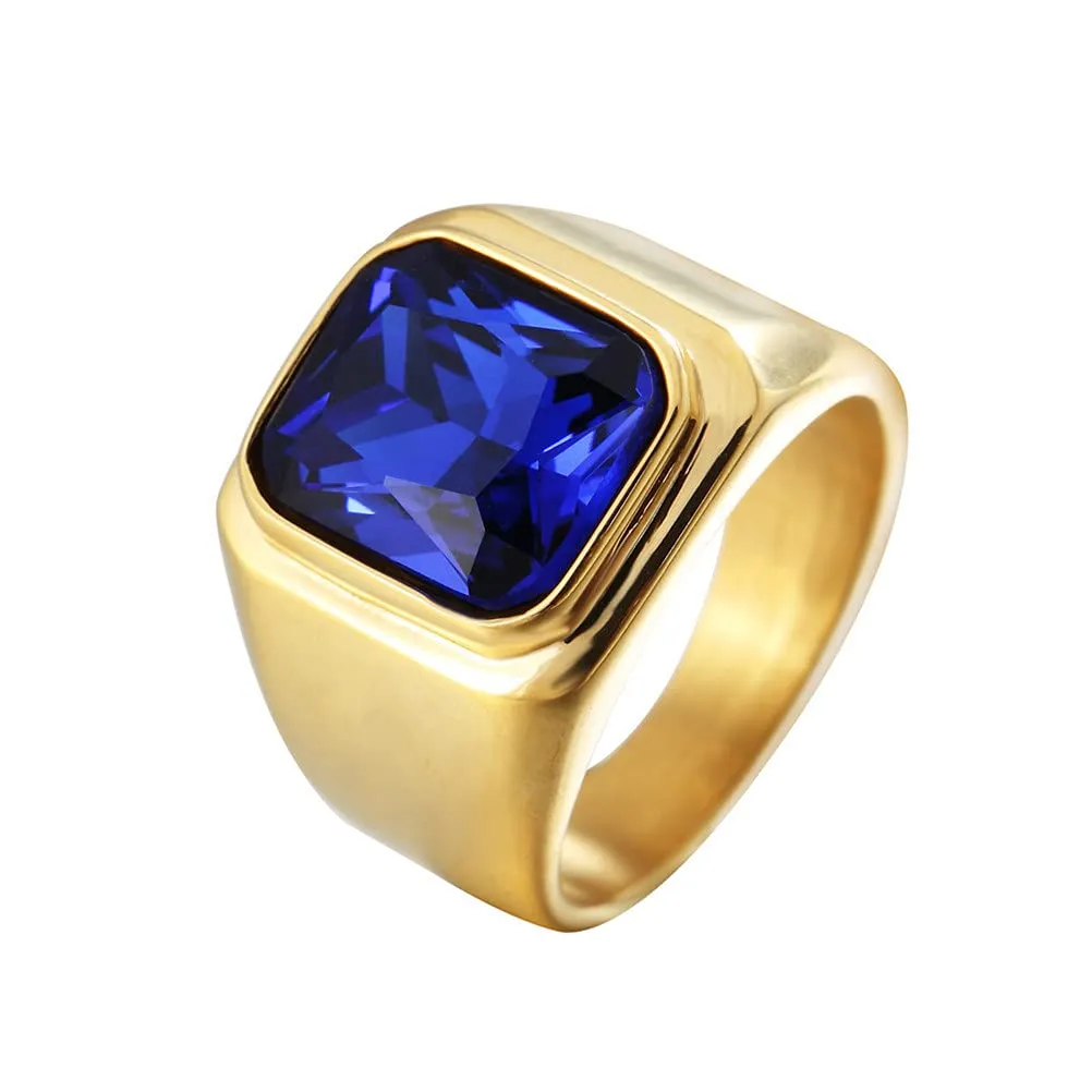 HIJONES Anello da Uomo in Acciaio Inossidabile Placcato Oro Nero con Zirconi Quadrati Blu Navy, Misura 25 - immagine 1