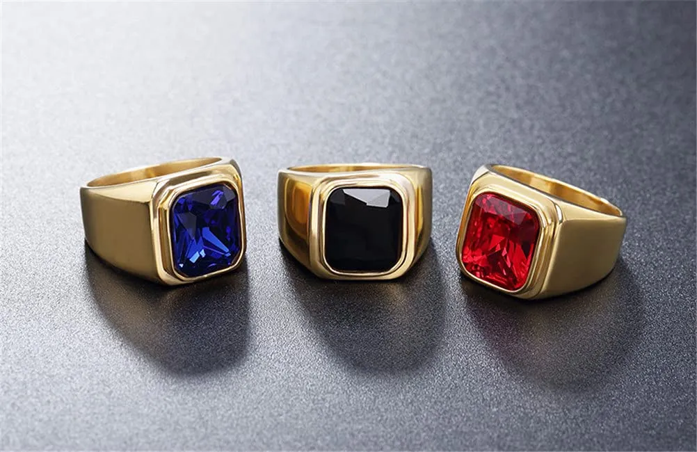 HIJONES Anello da Uomo in Acciaio Inossidabile Placcato Oro Nero con Zirconi Quadrati Blu Navy, Misura 25 - immagine 6