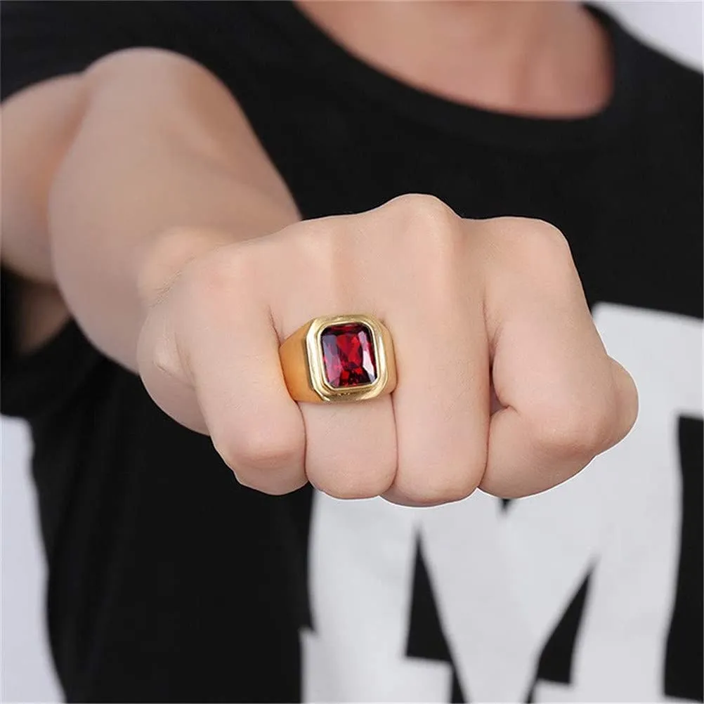 HIJONES Anello da Uomo in Acciaio Inossidabile Placcato Oro Nero con Zirconi Quadrati Rossi Vintage Misura 25 - immagine 6