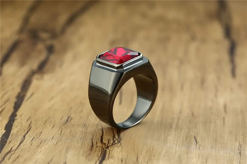 HIJONES Anello da Uomo in Acciaio Inossidabile Nero con Zircone Quadrato Rosso Vintage Misura 22 - immagine 4