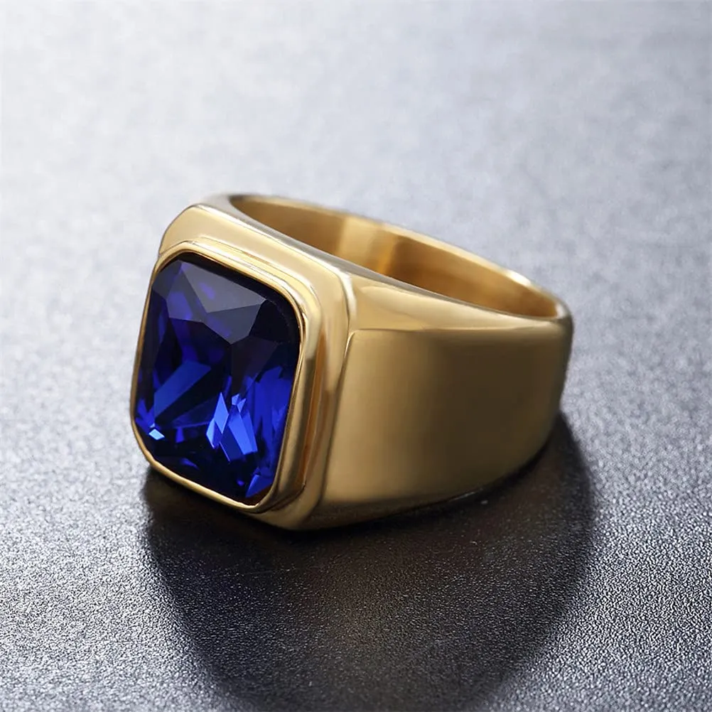 HIJONES Anello da Uomo in Acciaio Inossidabile Placcato Oro Nero con Zirconi Quadrati Blu Navy Vintage Misura 29 - immagine 4