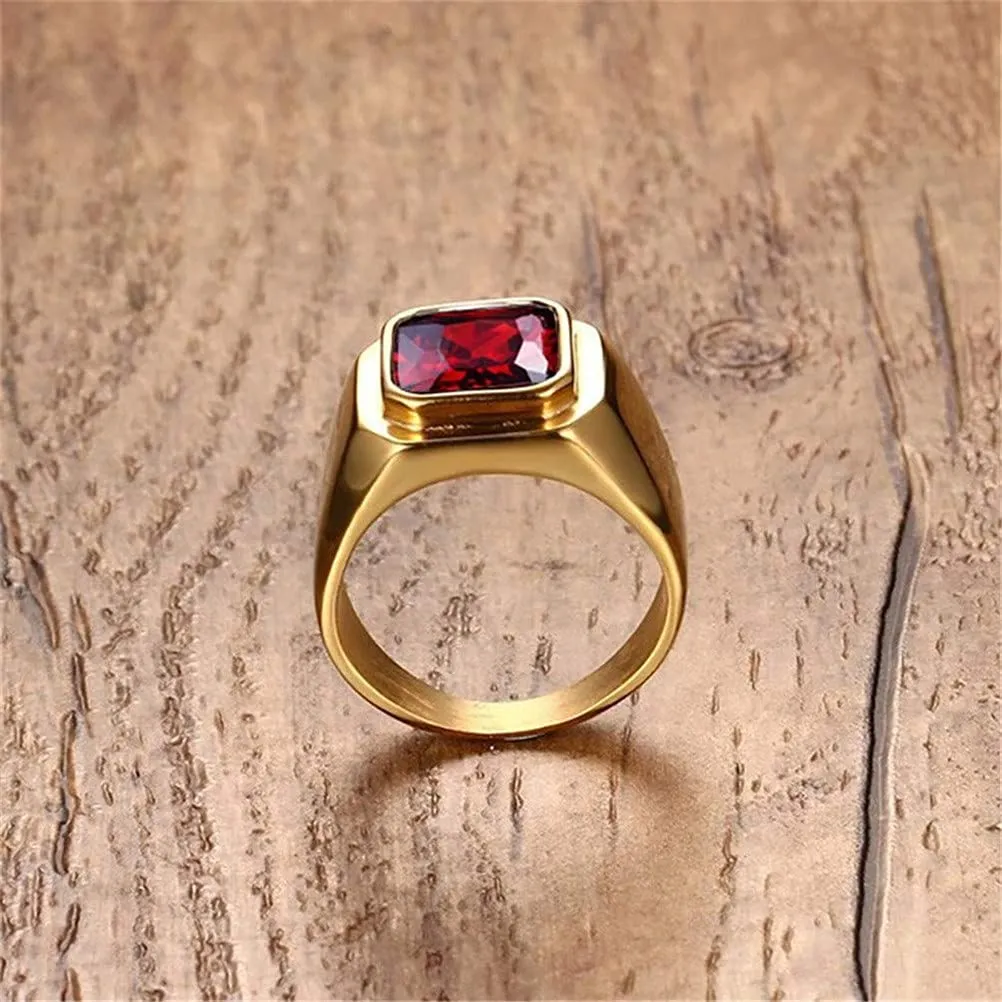 HIJONES Anello da Uomo in Acciaio Inossidabile Placcato Oro Nero con Zirconi Quadrati Rossi Vintage, Misura 17 - immagine 5