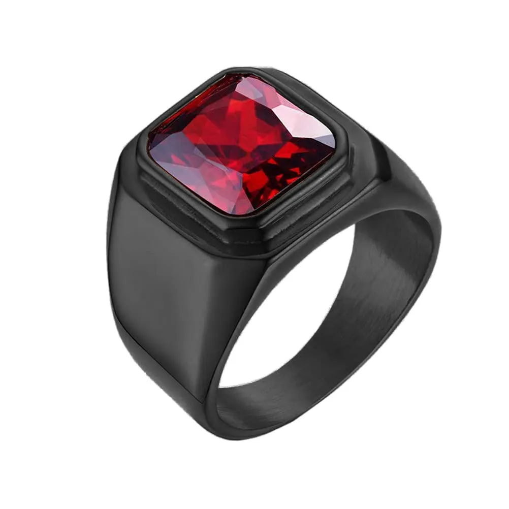 HIJONES Anello da Uomo in Acciaio Inossidabile Nero con Zirconi Quadrati Rossi Vintage, Misura 17 - immagine 1