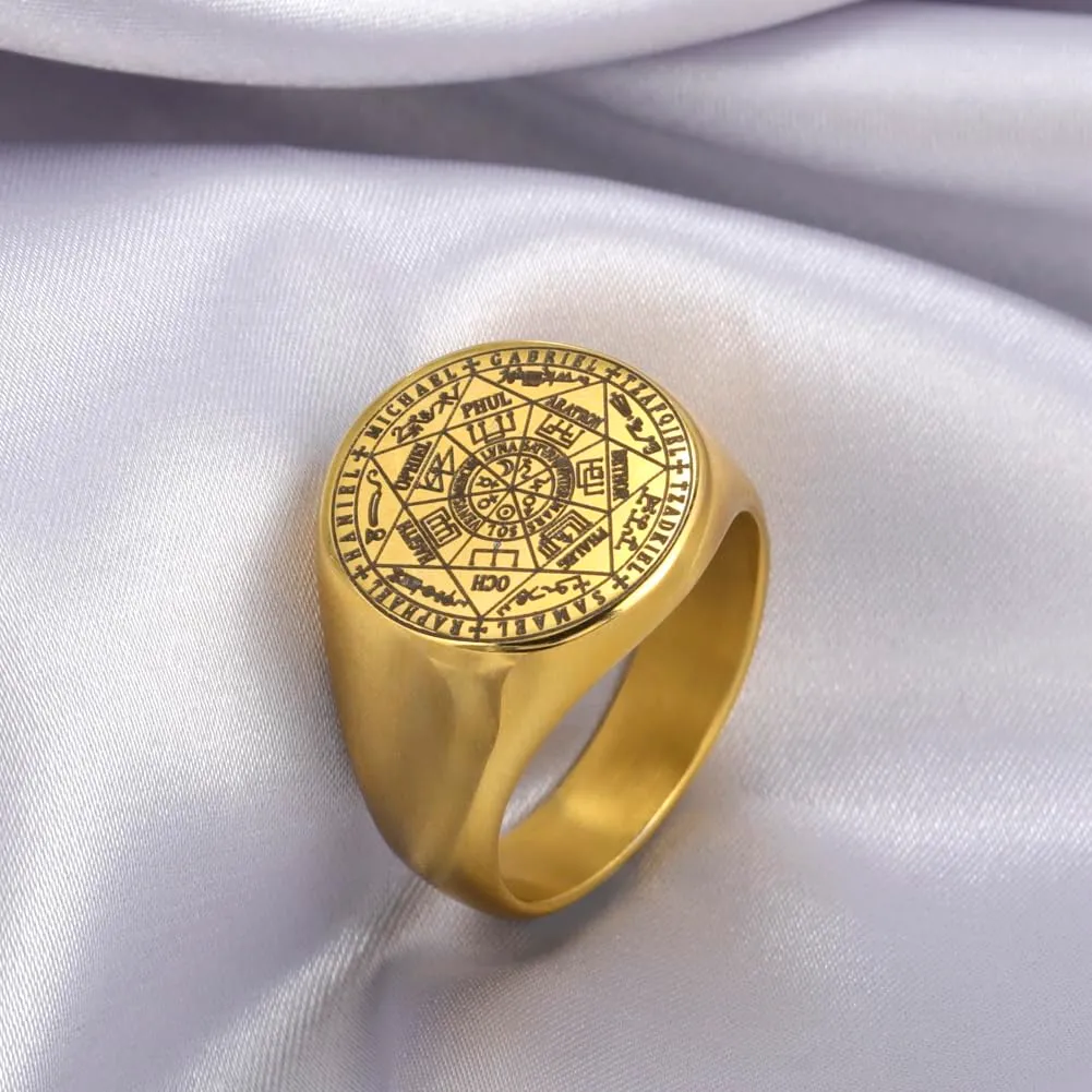 Amaxer Anello Sette Arcangeli Sigillo di Salomone Tetragrammaton in Acciaio Inossidabile, Oro - immagine 4