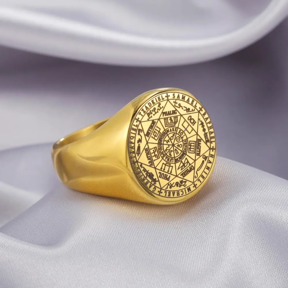 Amaxer Anello Sette Arcangeli Sigillo di Salomone Tetragrammaton in Acciaio Inossidabile, Oro - immagine 7