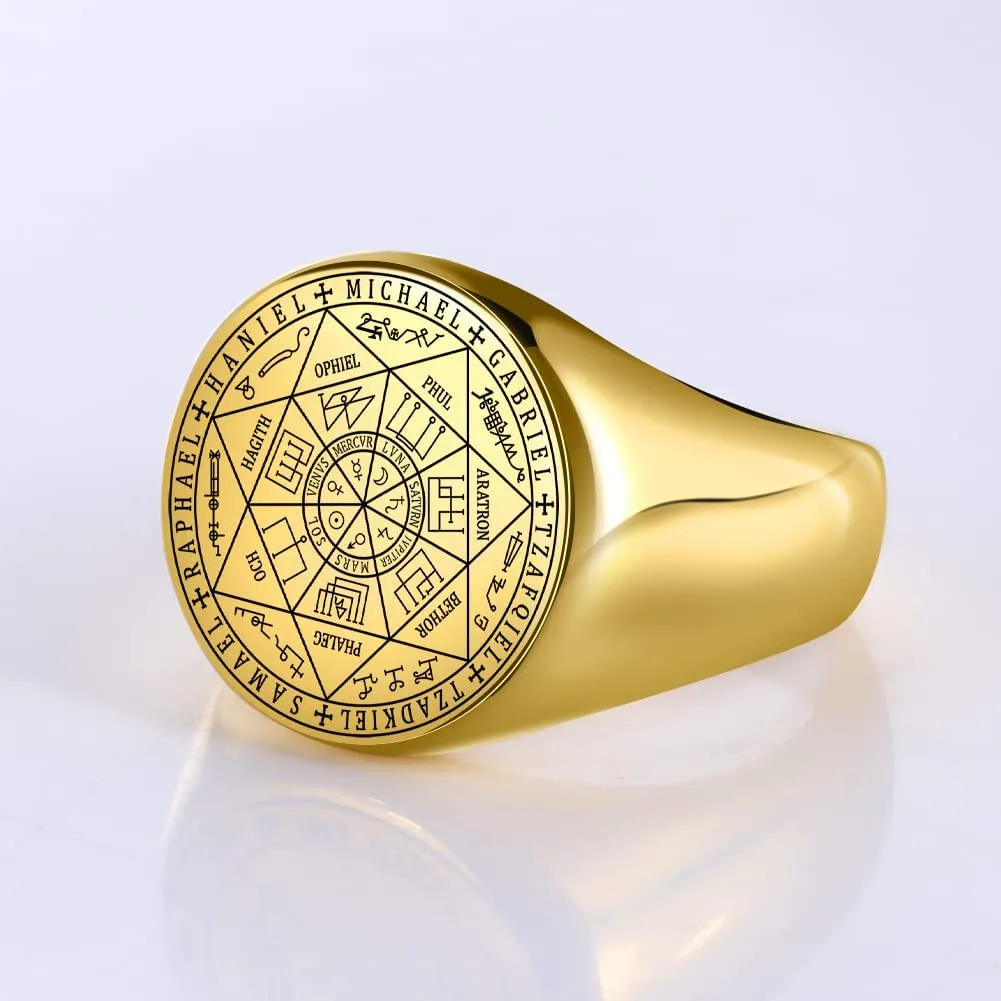 Amaxer Sette Arcangeli Anello Sigillo di Salomone Tetragrammaton in Acciaio Inossidabile, Oro, Taglia 12 - immagine 3