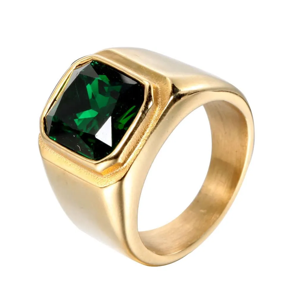 HIJONES Anello da Uomo in Acciaio Inossidabile Placcato Oro Nero con Zirconi Quadrati Verdi Vintage, Misura 29 - immagine 1