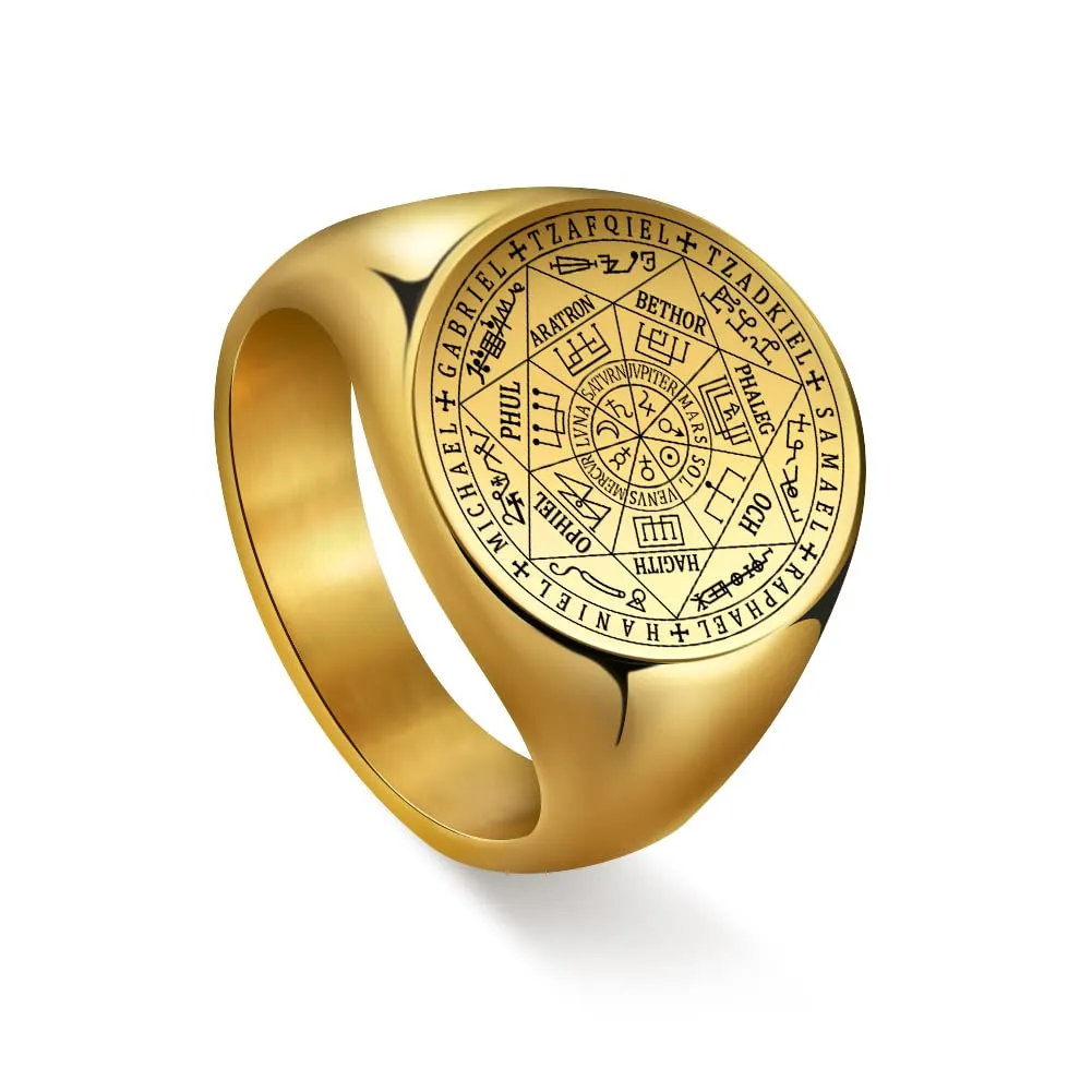 Amaxer Sette Arcangeli Anello Sigillo di Salomone Tetragrammaton in Acciaio Inossidabile, Oro, Diametro 19mm - immagine 1