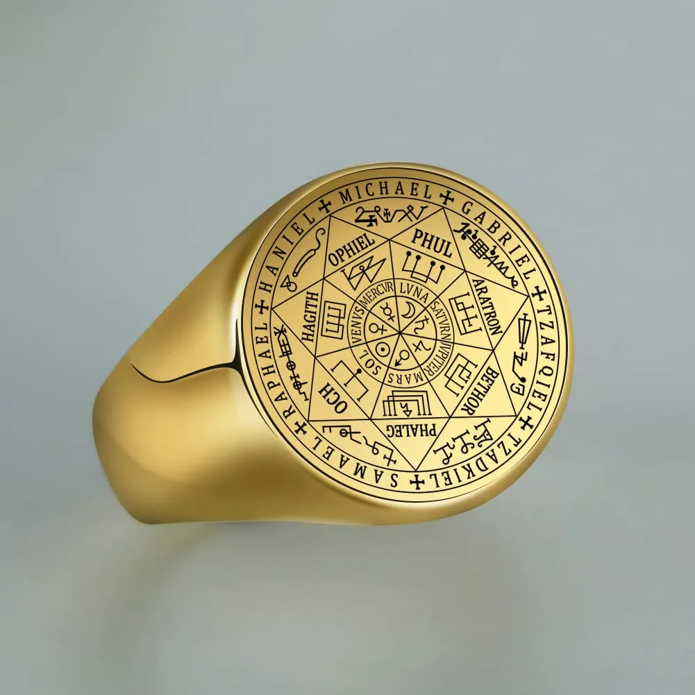 Amaxer Sette Arcangeli Anello Sigillo di Salomone Tetragrammaton in Acciaio Inossidabile, Oro, Diametro 19mm - immagine 5