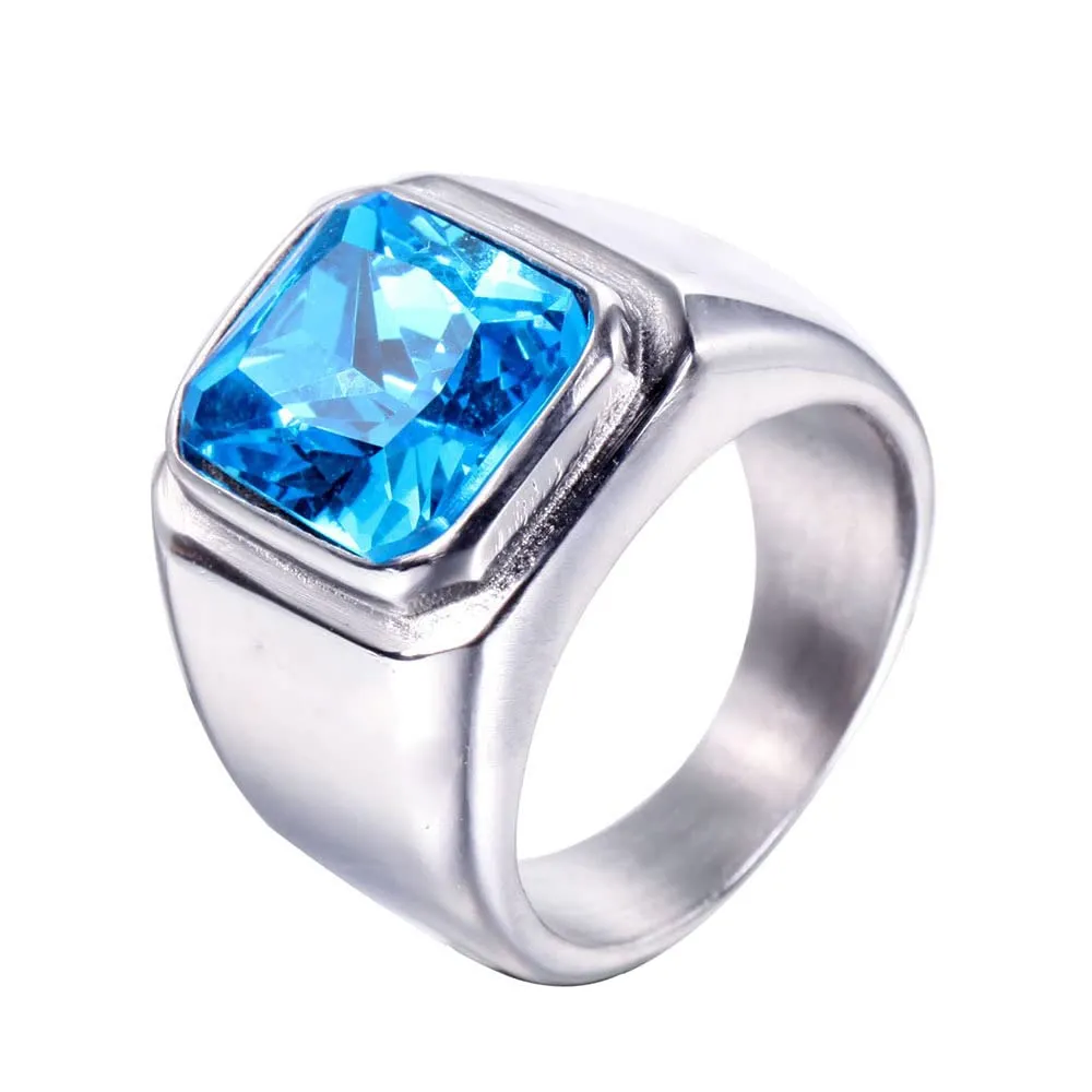 HIJONES Anello da Uomo in Acciaio Inossidabile con Zircone Quadrato Vintage, Argento e Blu Cielo, Misura 17 - immagine 1