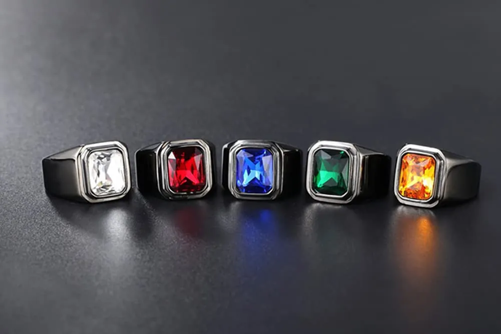 HIJONES Anello da Uomo in Acciaio Inossidabile con Zircone Quadrato Vintage, Argento e Blu Cielo, Misura 17 - immagine 2