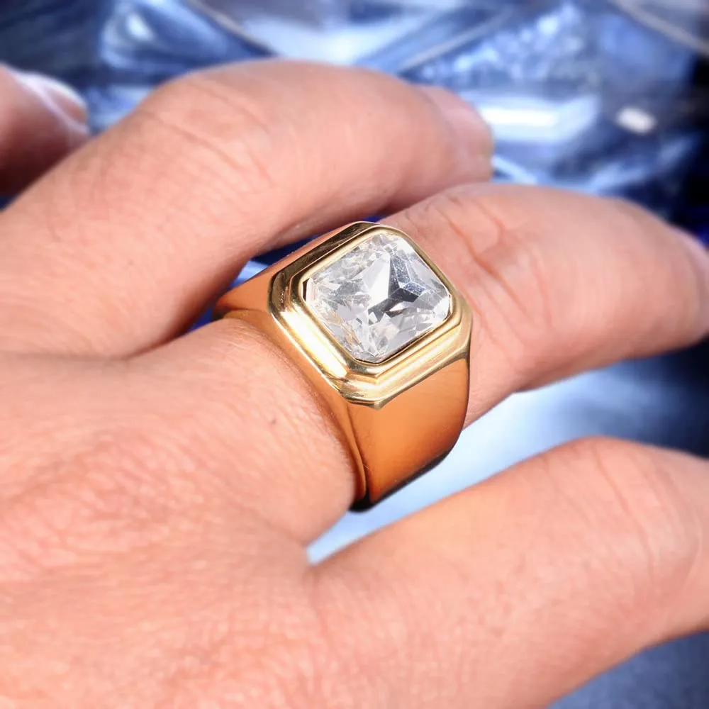 HIJONES Anello da Uomo in Acciaio Inossidabile con Zirconi Quadrati Vintage Oro Bianco Misura 14 - immagine 2