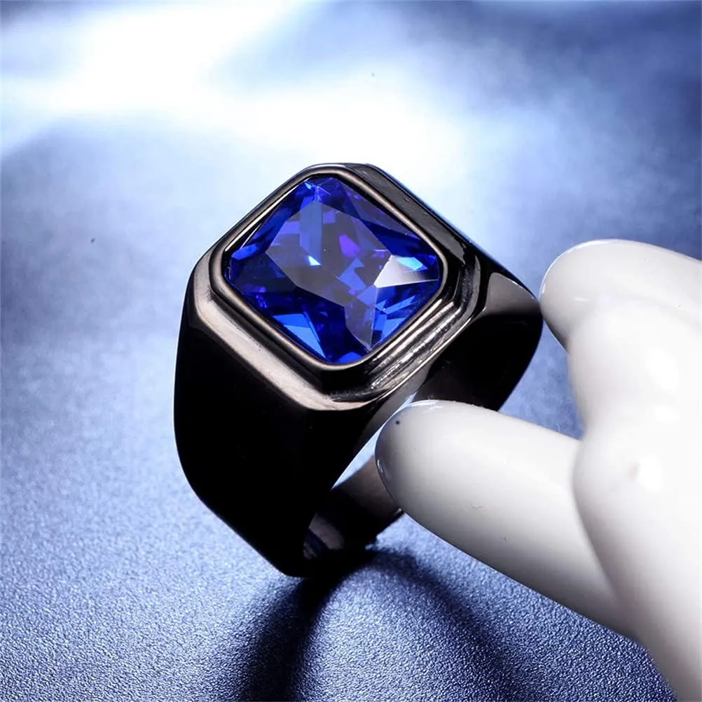HIJONES Anello da Uomo in Acciaio Inossidabile Nero con Zirconi Quadrati Blu Navy Misura 32 - immagine 4
