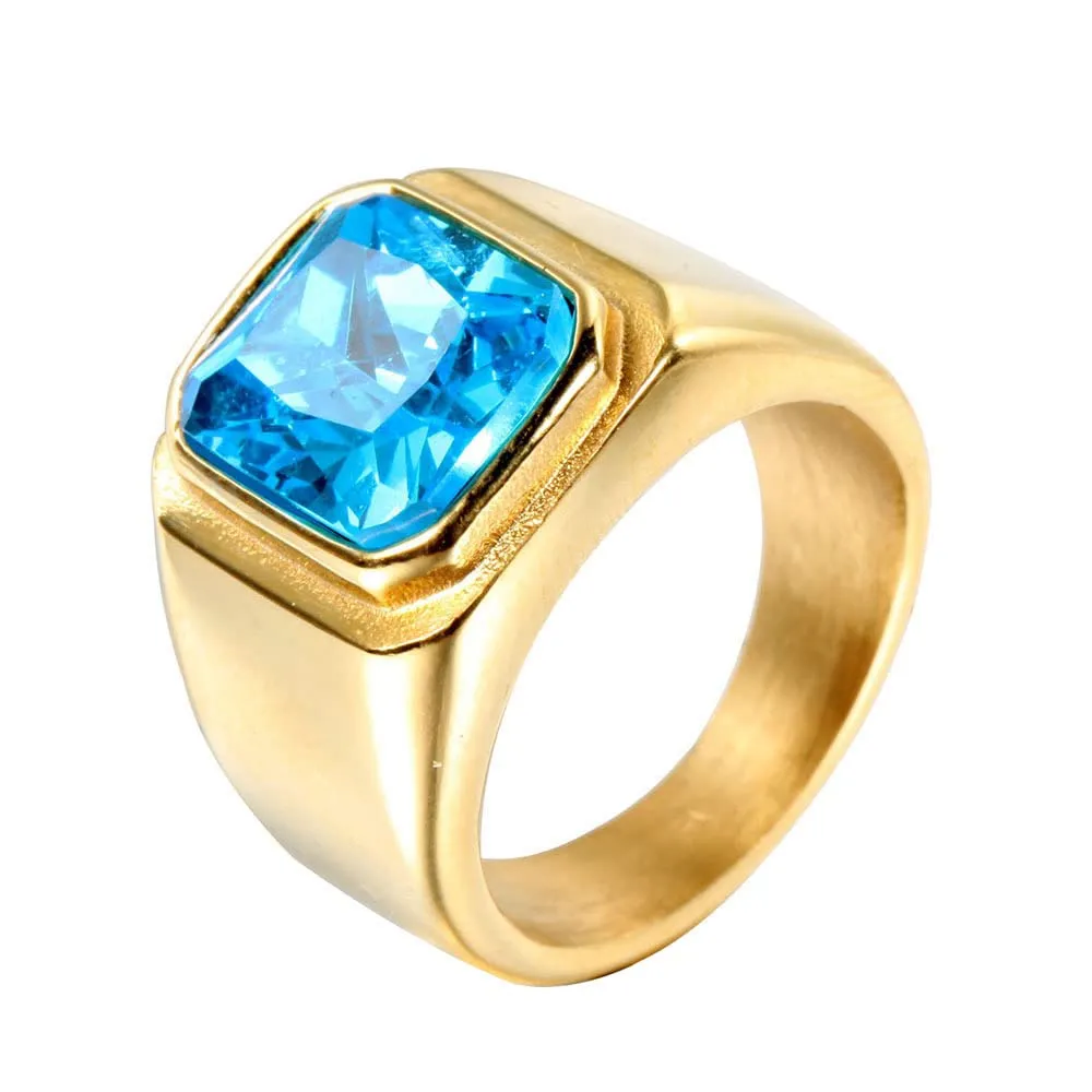 HIJONES Anello da Uomo in Acciaio Inossidabile con Zircone Quadrato Vintage Oro e Blu Cielo, Misura 35 - immagine 1