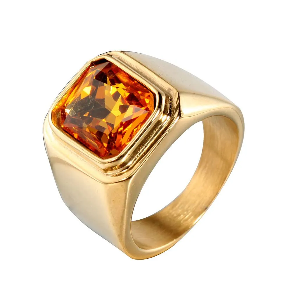 HIJONES Anello da Uomo in Acciaio Inossidabile con Zircone Quadrato, Vintage Oro Giallo, Misura 12 - immagine 1