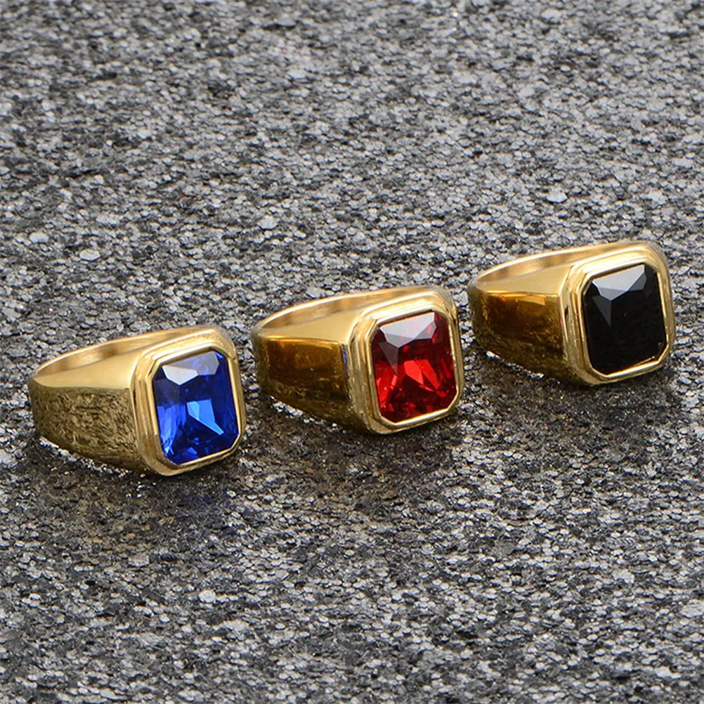 HIJONES Anello da Uomo in Acciaio Inossidabile Placcato Oro Nero con Zirconi Quadrati Blu Navy Vintage, Misura 35 - immagine 5