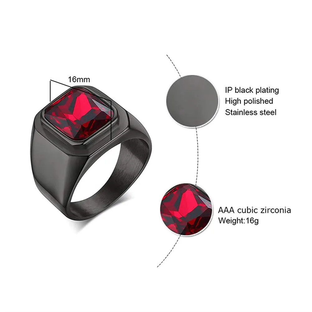 HIJONES Anello da Uomo in Acciaio Inossidabile Nero con Zirconi Quadrati Vintage Rosso Misura 32 - immagine 2