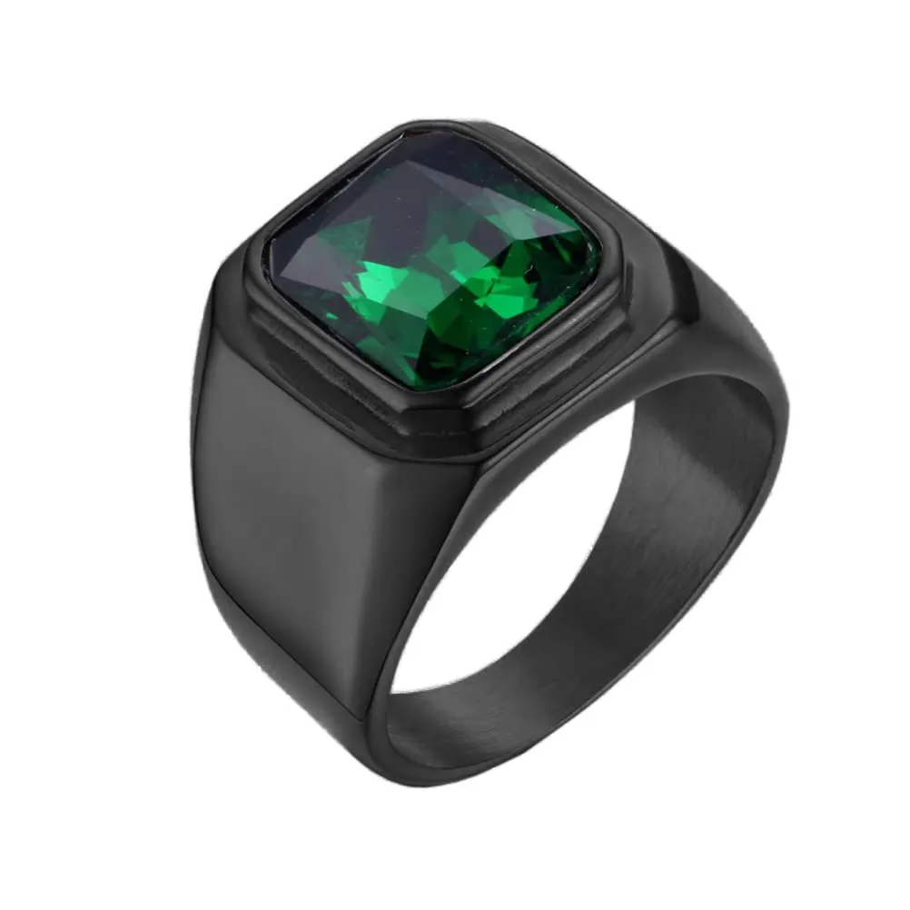 HIJONES Anello da Uomo in Acciaio Inossidabile Nero con Zirconi Quadrati Verde Vintage, Misura 12 - immagine 1