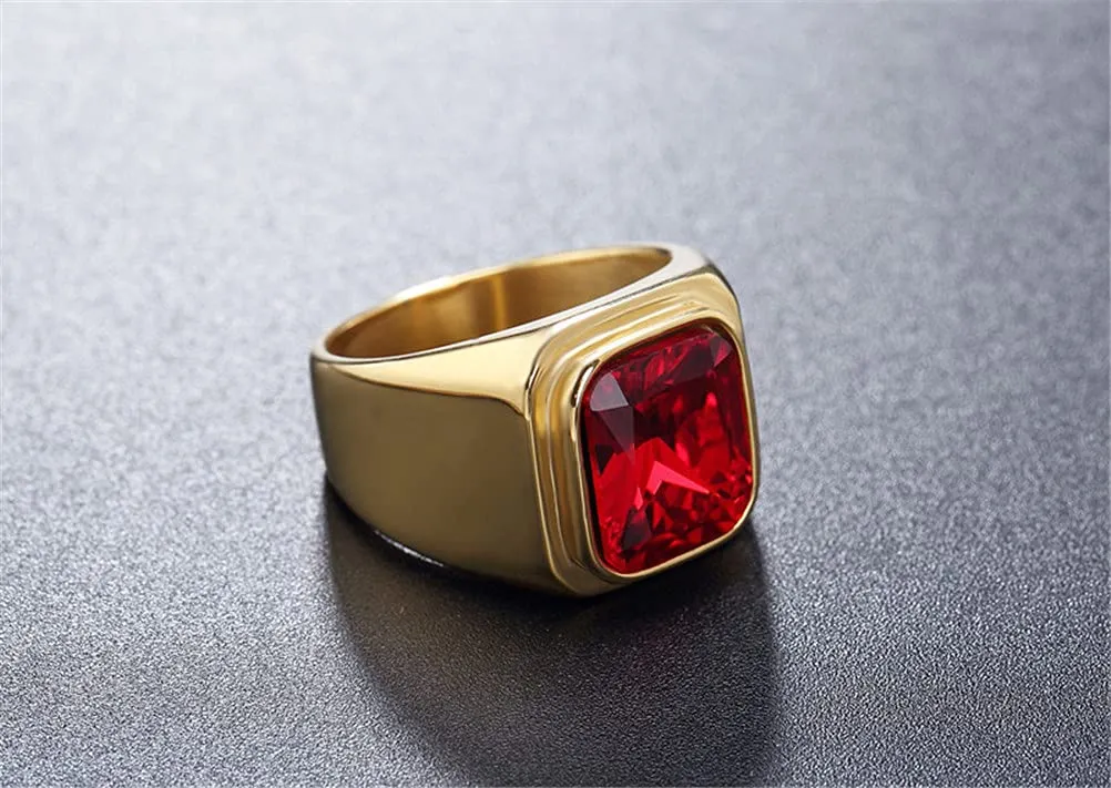 HIJONES Anello da Uomo in Acciaio Inossidabile Placcato Oro Nero con Zircone Quadrato Rosso Vintage Misura 32 - immagine 3