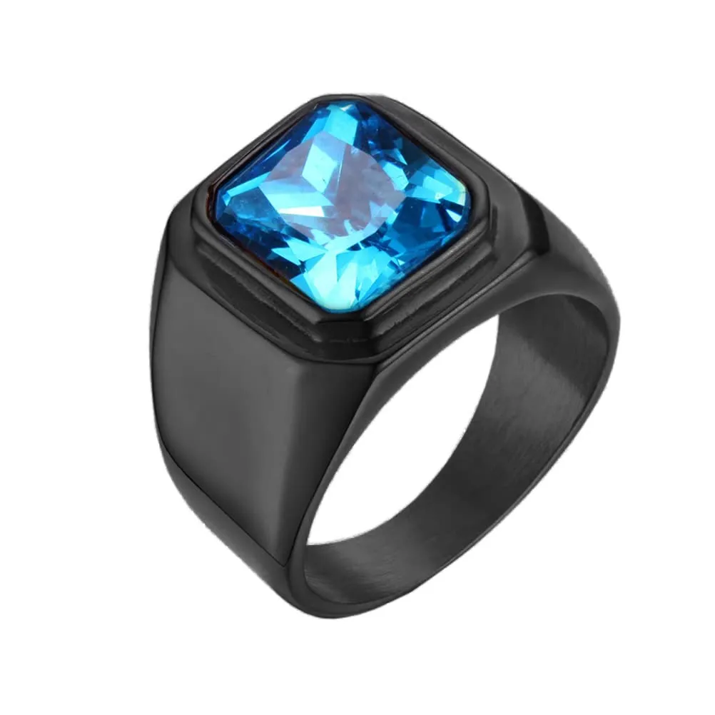 HIJONES Anello da Uomo in Acciaio Inossidabile con Zirconi Quadrati Vintage, Nero Blu Cielo, Misura 35 - immagine 1