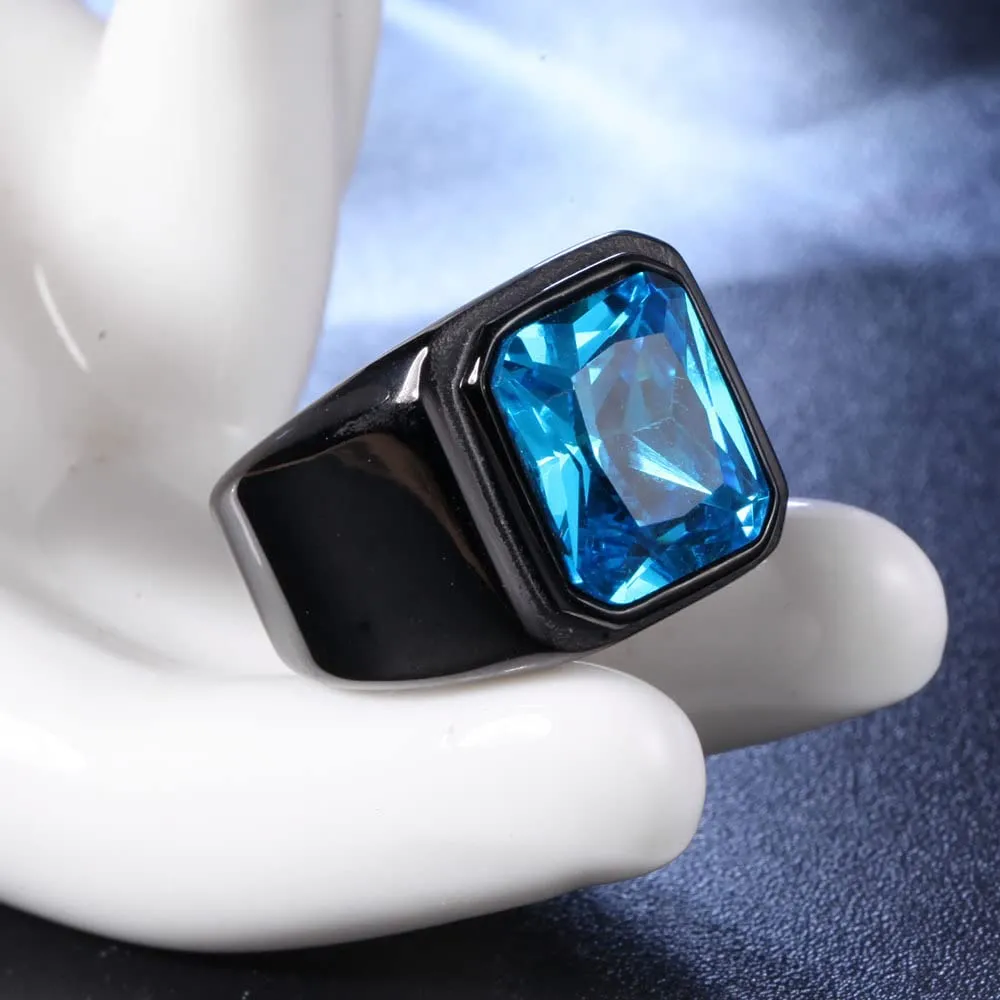 HIJONES Anello da Uomo in Acciaio Inossidabile con Zirconi Quadrati Vintage, Nero Blu Cielo, Misura 35 - immagine 2