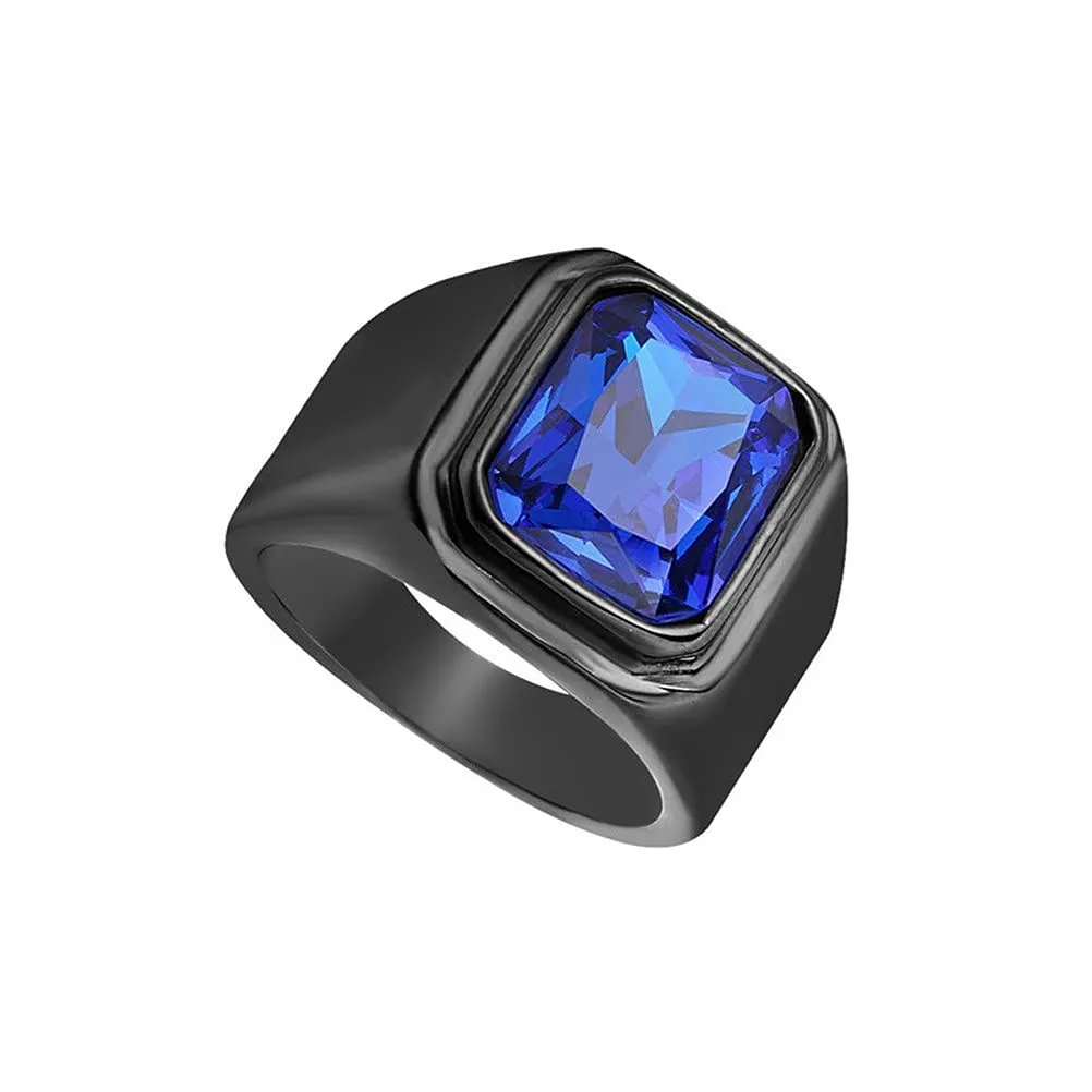 HIJONES Anello da Uomo in Acciaio Inossidabile Nero con Zirconi Quadrati Blu Navy Misura 12 - immagine 3