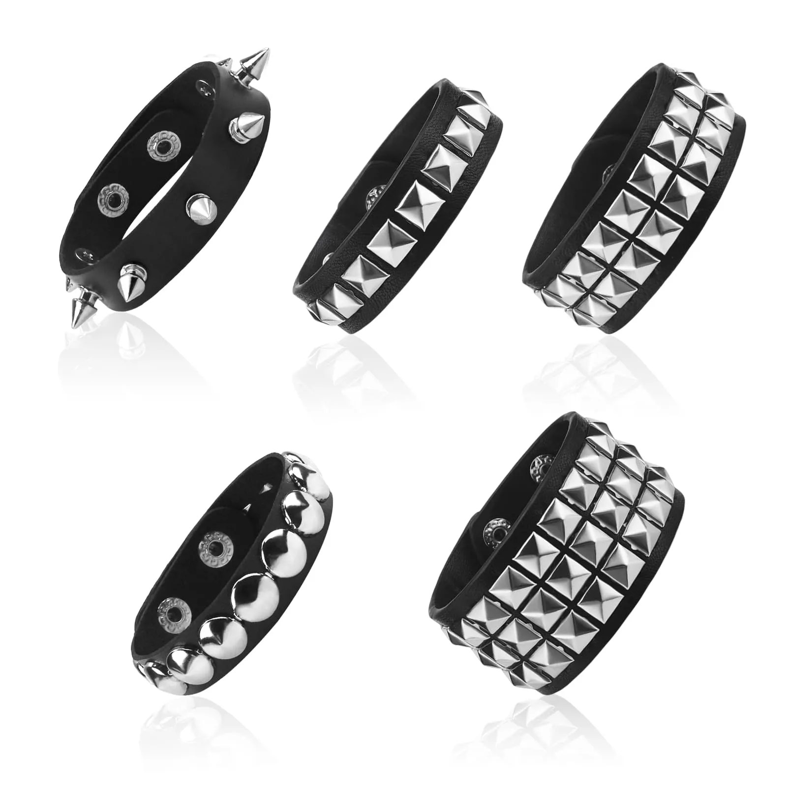 SJUNJIE Set di 5 Bracciali Punk Borchiati in Pelle Nero - immagine 1