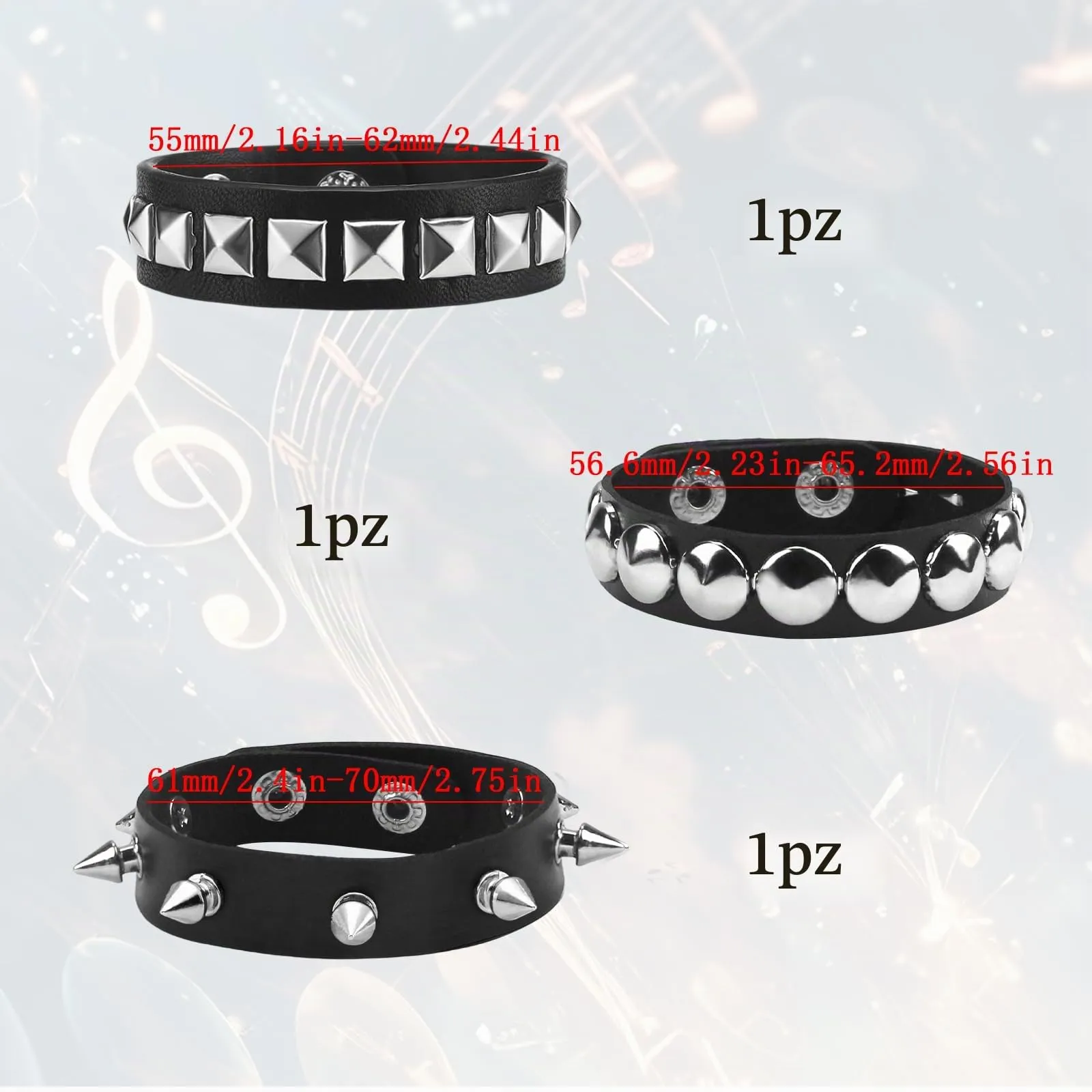SJUNJIE Set di 5 Bracciali Punk Borchiati in Pelle Nero - immagine 2