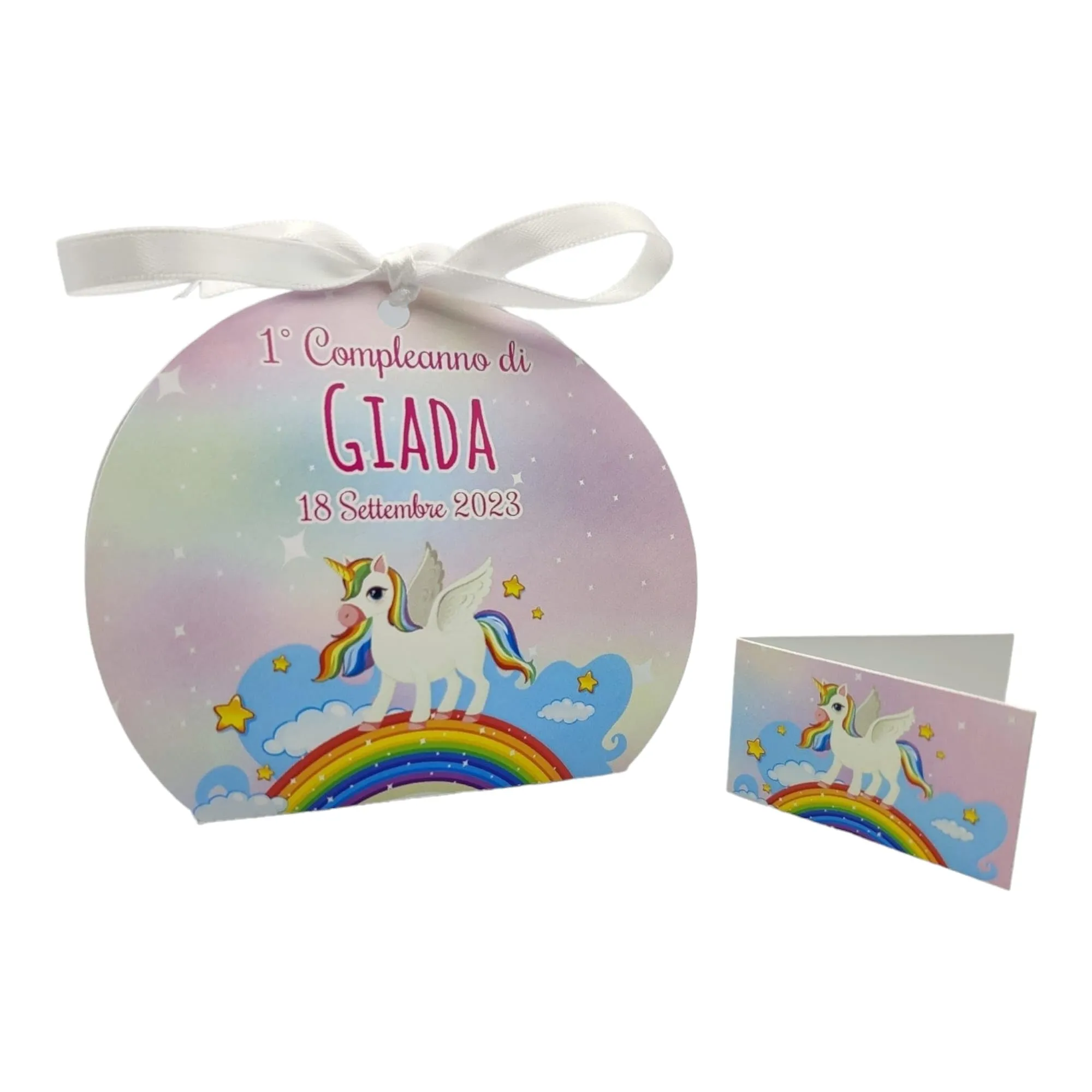 PV Grafik Scatoline Portaconfetti Nascita e Battesimo, 24+24 Personalizzate con Bigliettino e Nastrino, Fantasy Unicorno e Arcobaleno, 8x8,5x4 cm (TunnaU39) - immagine 1