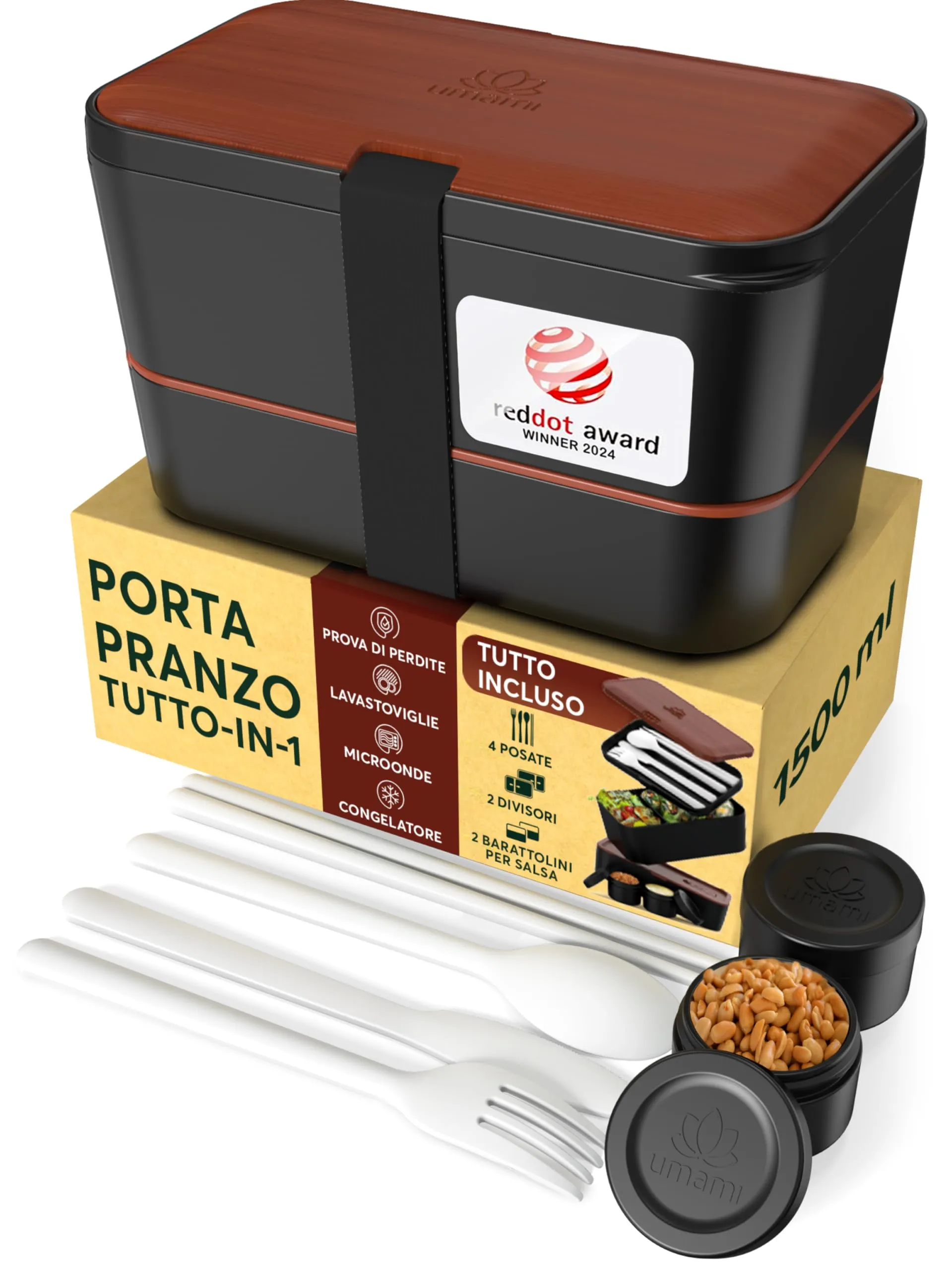 Umami Porta Pranzo Bento Box Adulti Ermetico con Scomparti e 4 Posate, 1500 ml, Sapele Nero - immagine 1