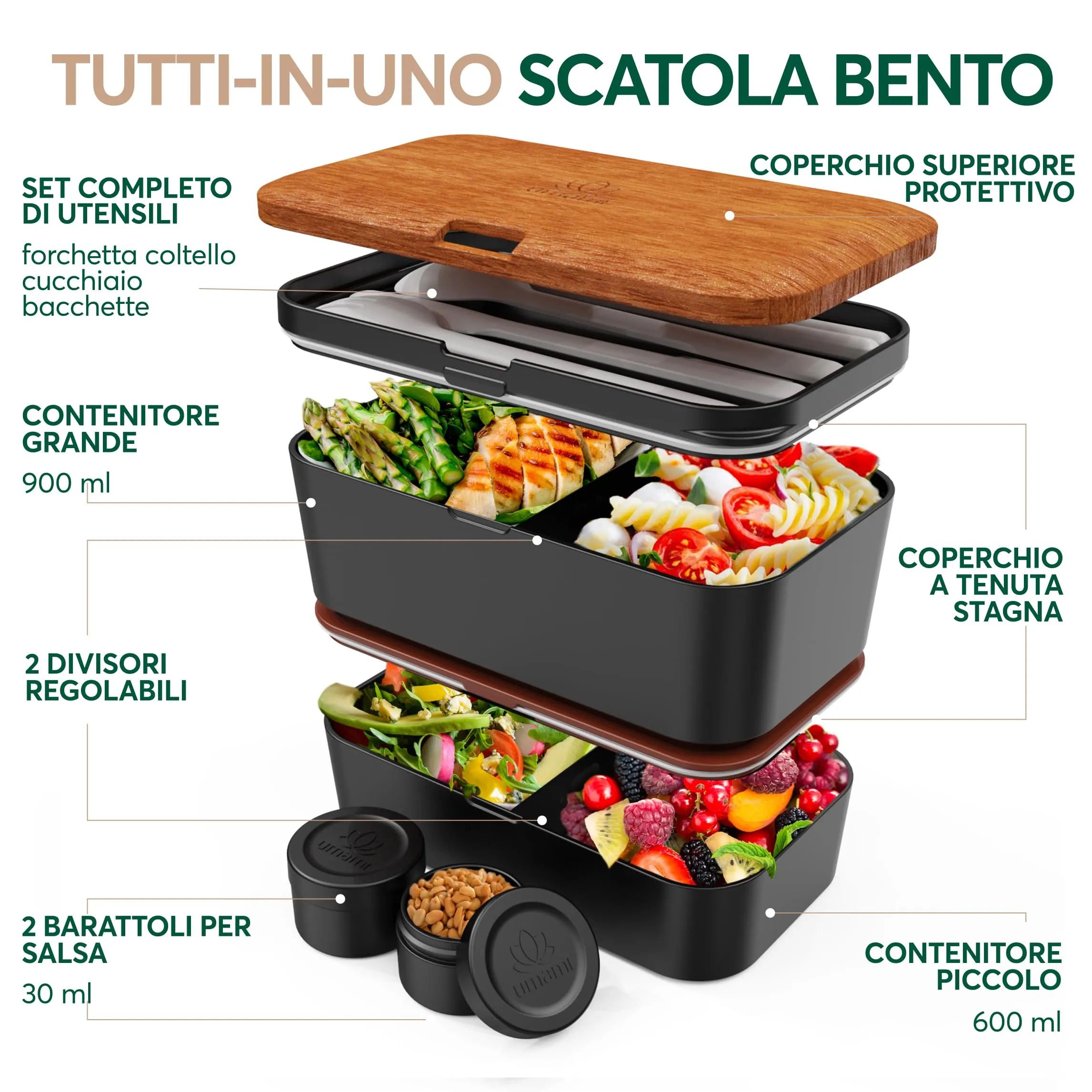 Umami Porta Pranzo Bento Box Adulti Ermetico con Scomparti e 4 Posate, 1500 ml, Sapele Nero - immagine 2