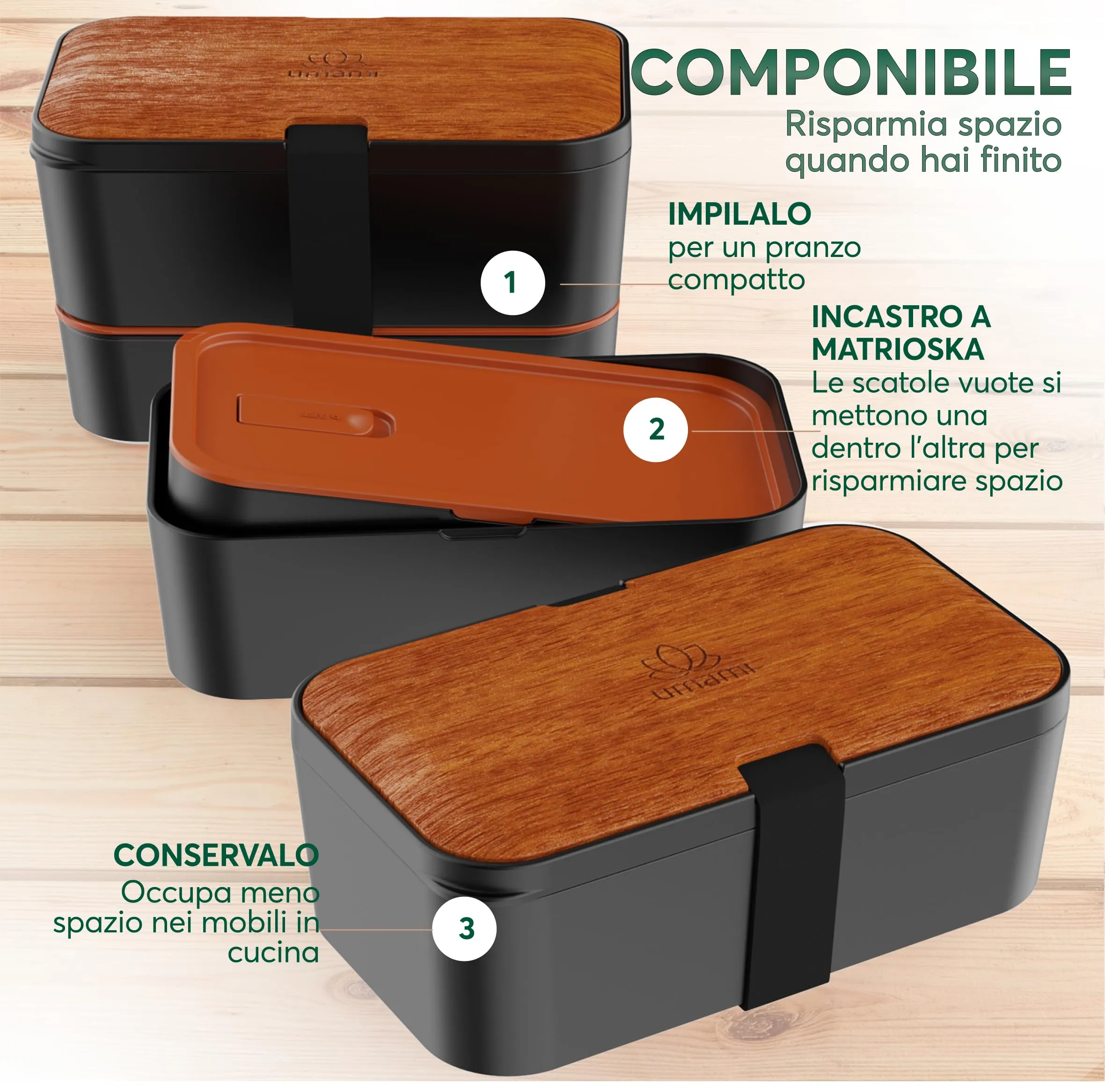 Umami Porta Pranzo Bento Box Adulti Ermetico con Scomparti e 4 Posate, 1500 ml, Sapele Nero - immagine 5