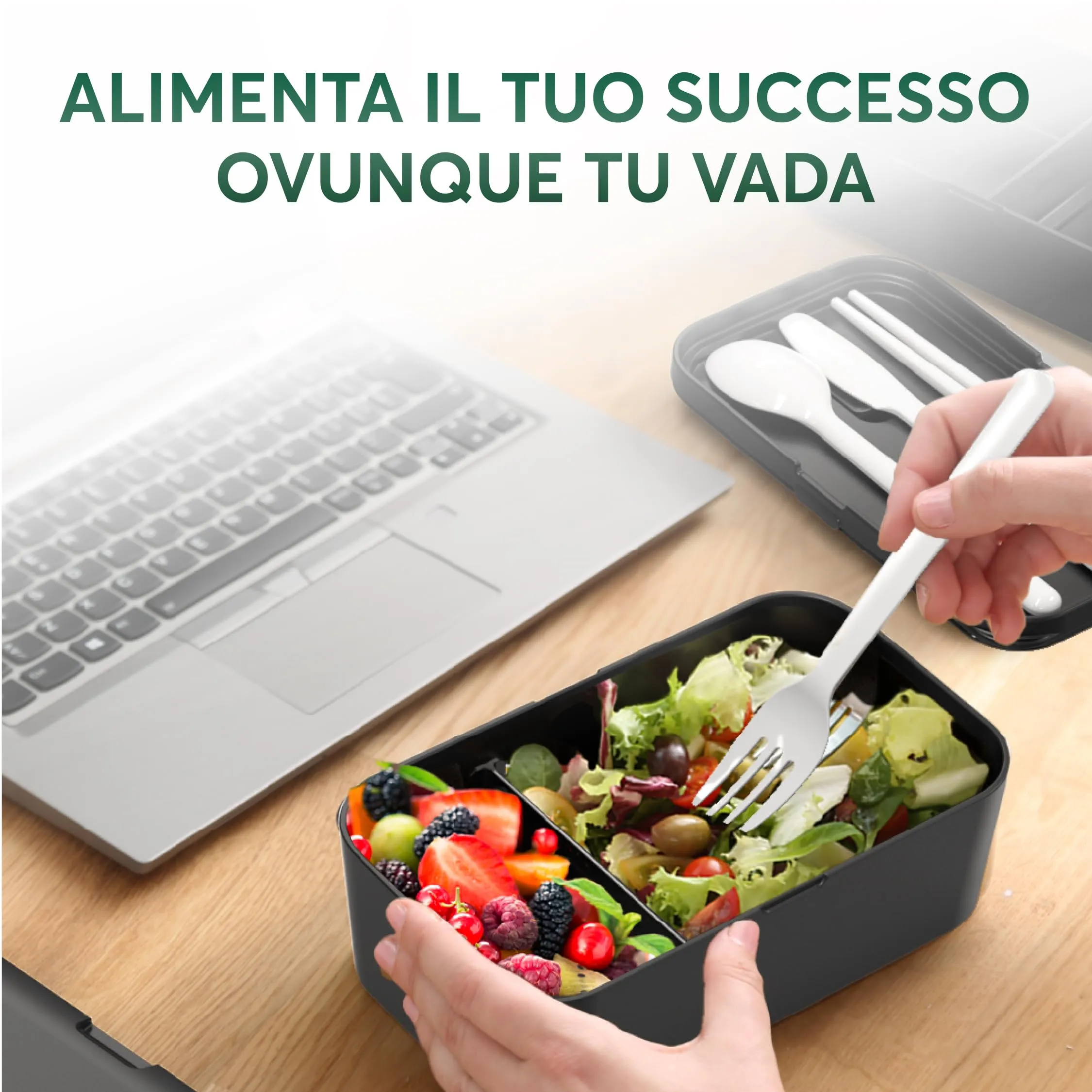Umami Porta Pranzo Bento Box Adulti Ermetico con Scomparti e 4 Posate, 1500 ml, Sapele Nero - immagine 7