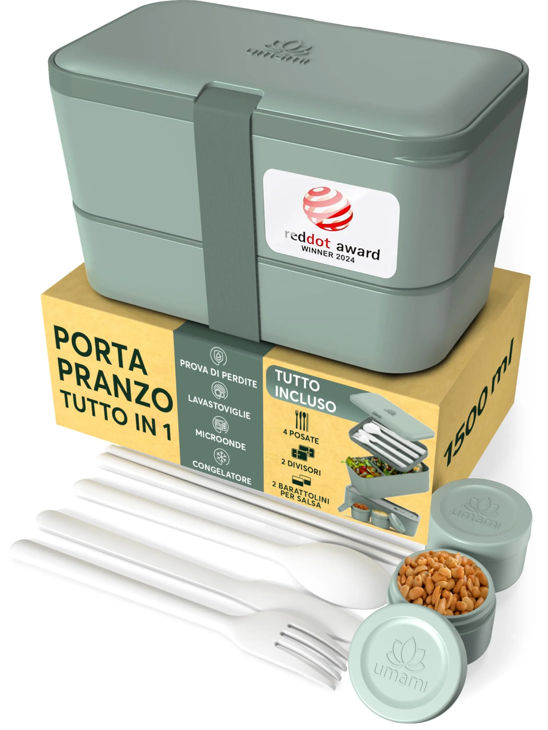 Umami Porta Pranzo Adulti Ermetico Bento Box con Scomparti e 4 Posate, 1500 ml, Ardesia Verde - immagine 1